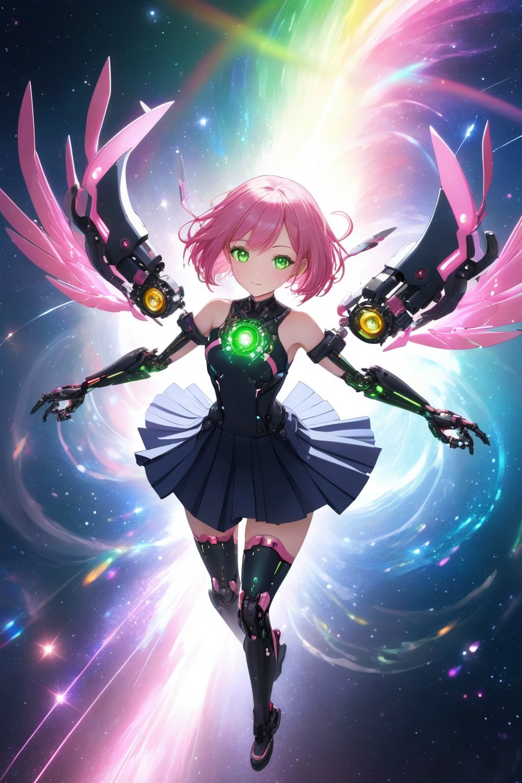 pink hair, mechanical arms, mechanical legs, pleated skirt, green eyes, short hair, double v, from above, quasar, galaxy, abstract, light particles, volumetric lighting, wind, wind particles, sparkling eyes, mechanical wings, rainbow, colorful, beautiful
