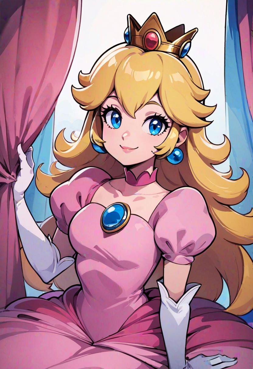 score_9, score_8_up, score_8, medium breasts, (curvy), cute, eyelashes,  princess peach, 1girl, solo, long hair, breasts, looking at viewer, smile, bangs, blue eyes, blonde hair, gloves, dress, jewelry, medium breasts, sitting, closed mouth, collarbone, short sleeves, earrings, elbow gloves, puffy sleeves, white gloves, puffy short sleeves, crown, curtains, brooch, pink dress, 