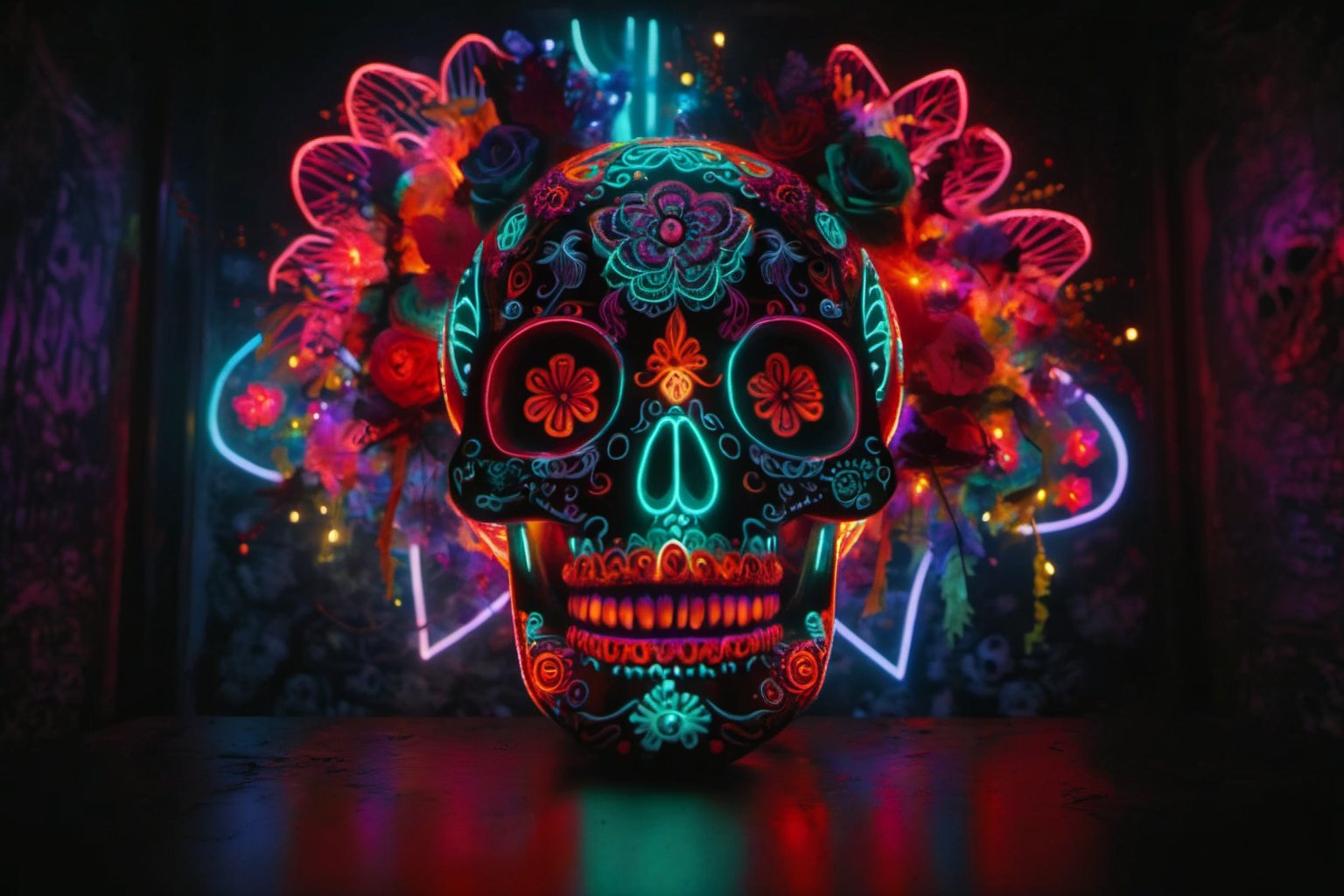 "Photo of a vibrantly decorated sugar skull, illuminated by neon lights in a dark setting. The skull features intricate neon patterns and designs, glowing vividly in a dark room with an overall moody atmosphere.