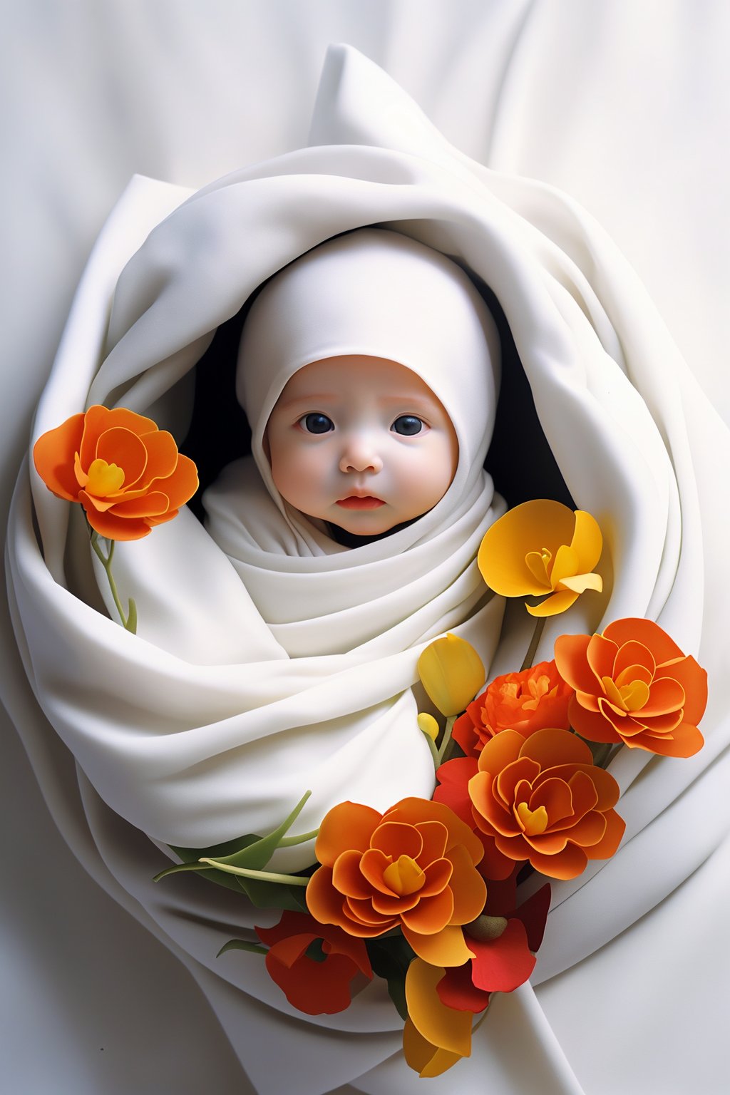 <lora:婴儿写真:0.8>,flower,baby,swaddle,orange long upper shan,