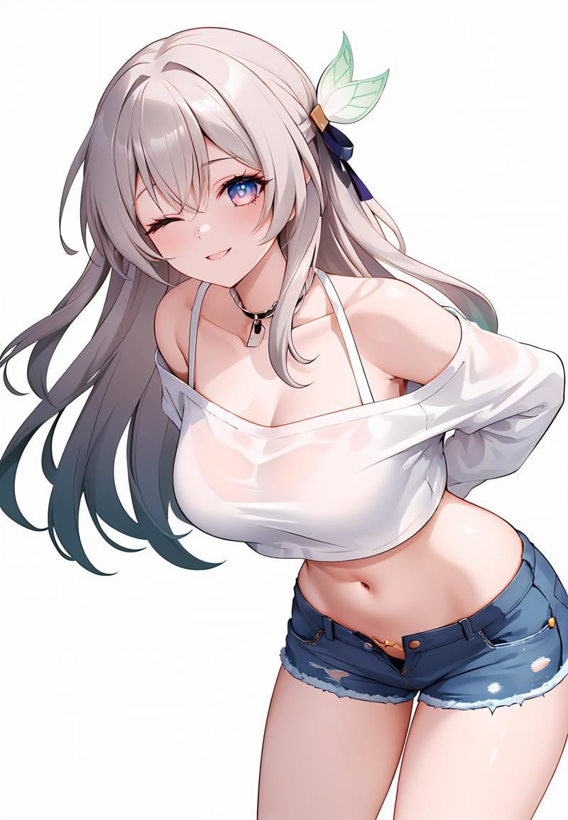((masterpiece,best quality)), 1girl, fireflyhsr, crop top, long sleeves, off shoulder, navel, denim shorts, one eye closed, smile, simple background, arms behind back, leaning forward,