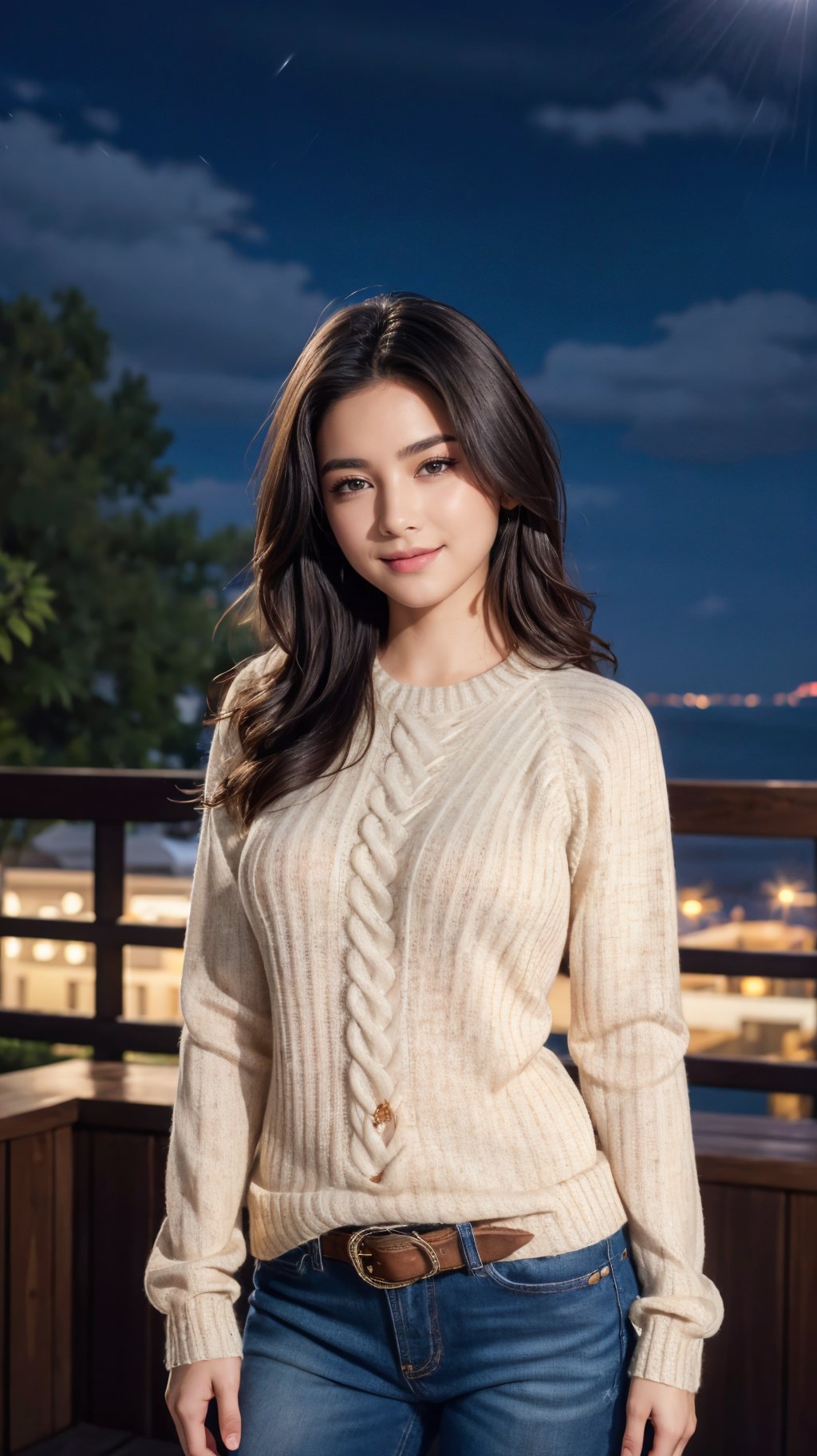 masterpiece, highest quality, 8k high quality photo, cinematic lighting, deep shadow, 1girl, gorgeous face, fearless smile, smooth soft parl skin, light-blown medium wavy hair, looking into camera, model posing, front view,((cowboy shot)), (long sleeves knit sweater:1.2), at late night, ((night:1.5))