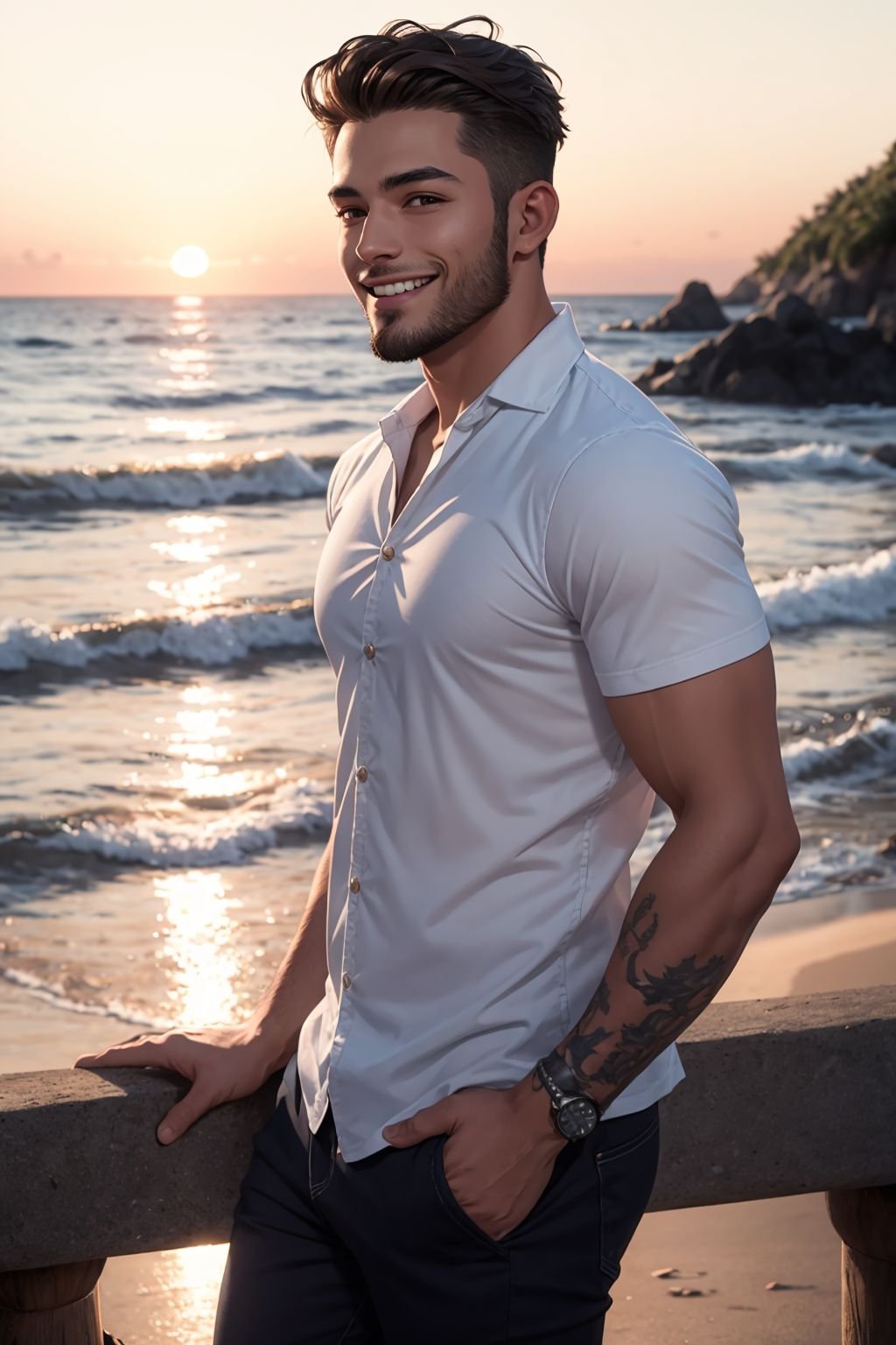 masterpiece, 4k, extreme resolution, highly intricate, studio quality, extremely detailed, handsome young man, three day beard, beach sunset, (casual attire:0.75), rolled-up sleeves, carefree grin, ocean breeze, relaxed confidence, coastal allure, edge lighting, smooth shading