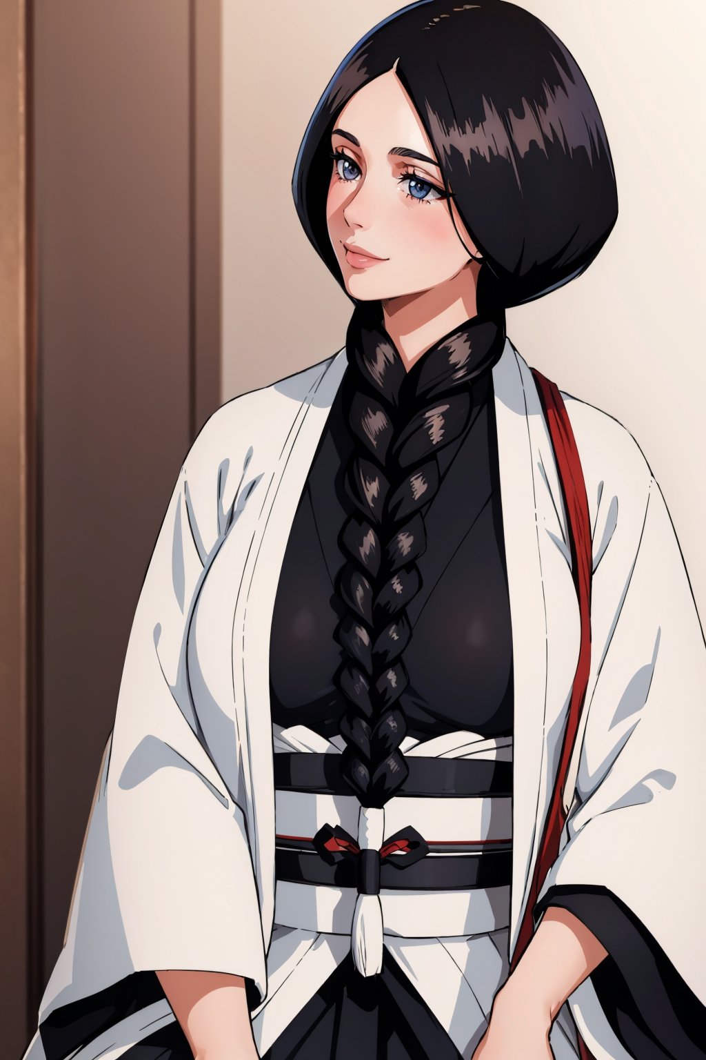masterpiece, best quality, <lora:unohanaretsu-nvwls-v1-000009:0.9> unohana retsu, single braid, white coat, black kimono, large breasts, mature female, profile, smile, looking up, gradient background, pastel colors