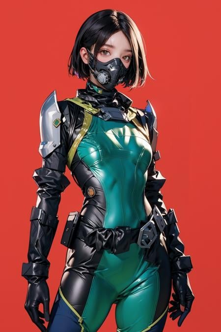 best quality,masterpiece,highres,extremely detailed cg unity 8k wallpaper,red background,1girl,solo,looking at viewer,standing,cowboy shot,<lora:GoodHands-beta2:1>,<lora:lemon0035-Viper Valorant Costume_v1:0.9>,lemon0035,green bodysuit,armor,belt,cyborg,gloves,mask,respirator,