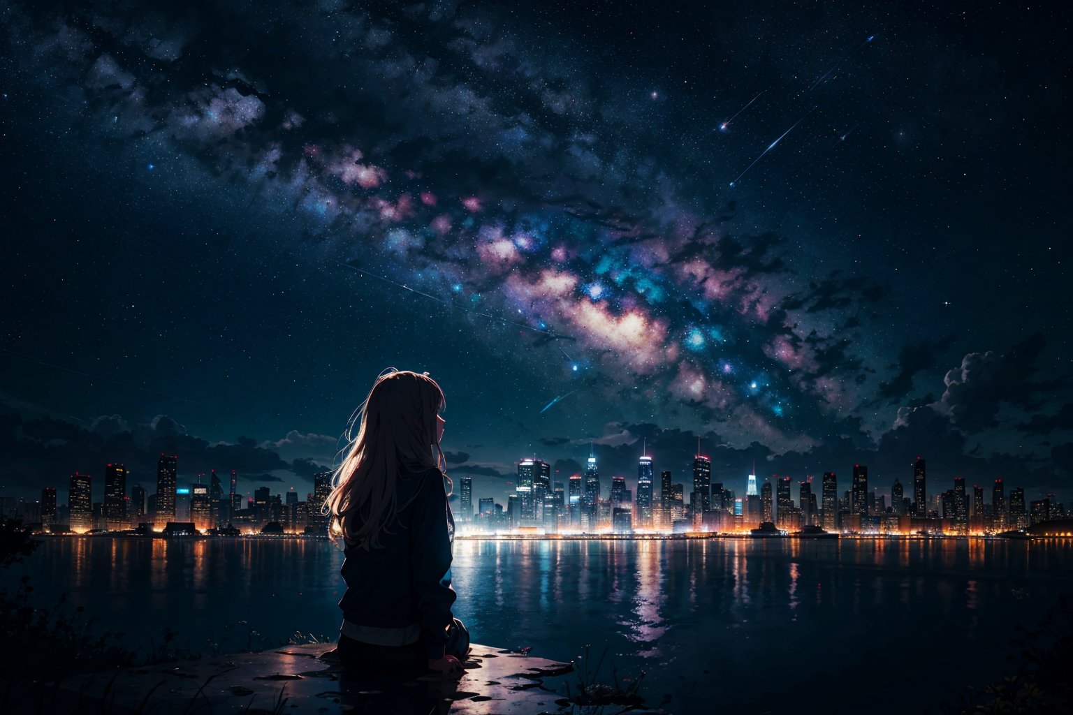 octans, sky, star (sky), scenery, starry sky, night, 1girl, night sky, solo, outdoors, signature, building, cloud, milky way, sitting, tree, long hair, city, silhouette, cityscape，masterpiece, best quality, ,halftone,cloud, light_particles, space, sky,water,girl,night  