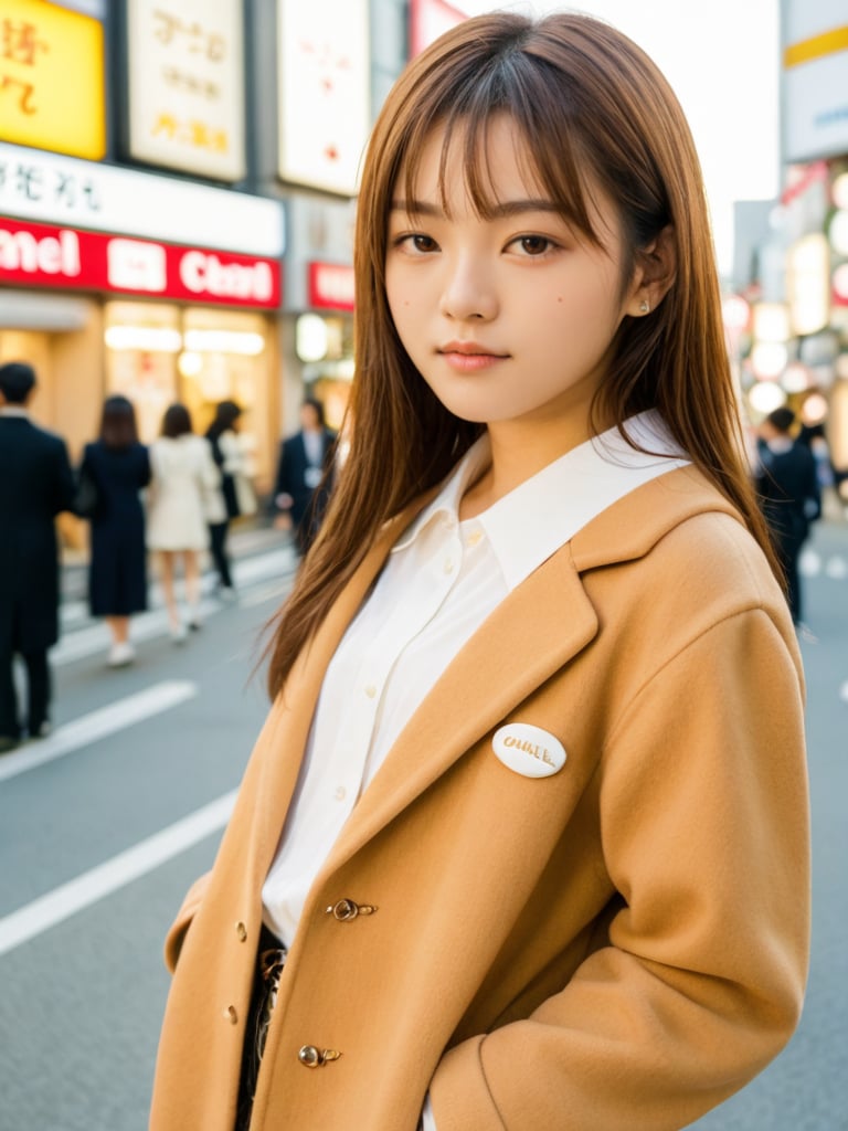 best quality, commercial a young girl 18yo skin skin-color color stand in japan, osaka, chanel_image, General_Camera  50mm f1.2 len, realistic