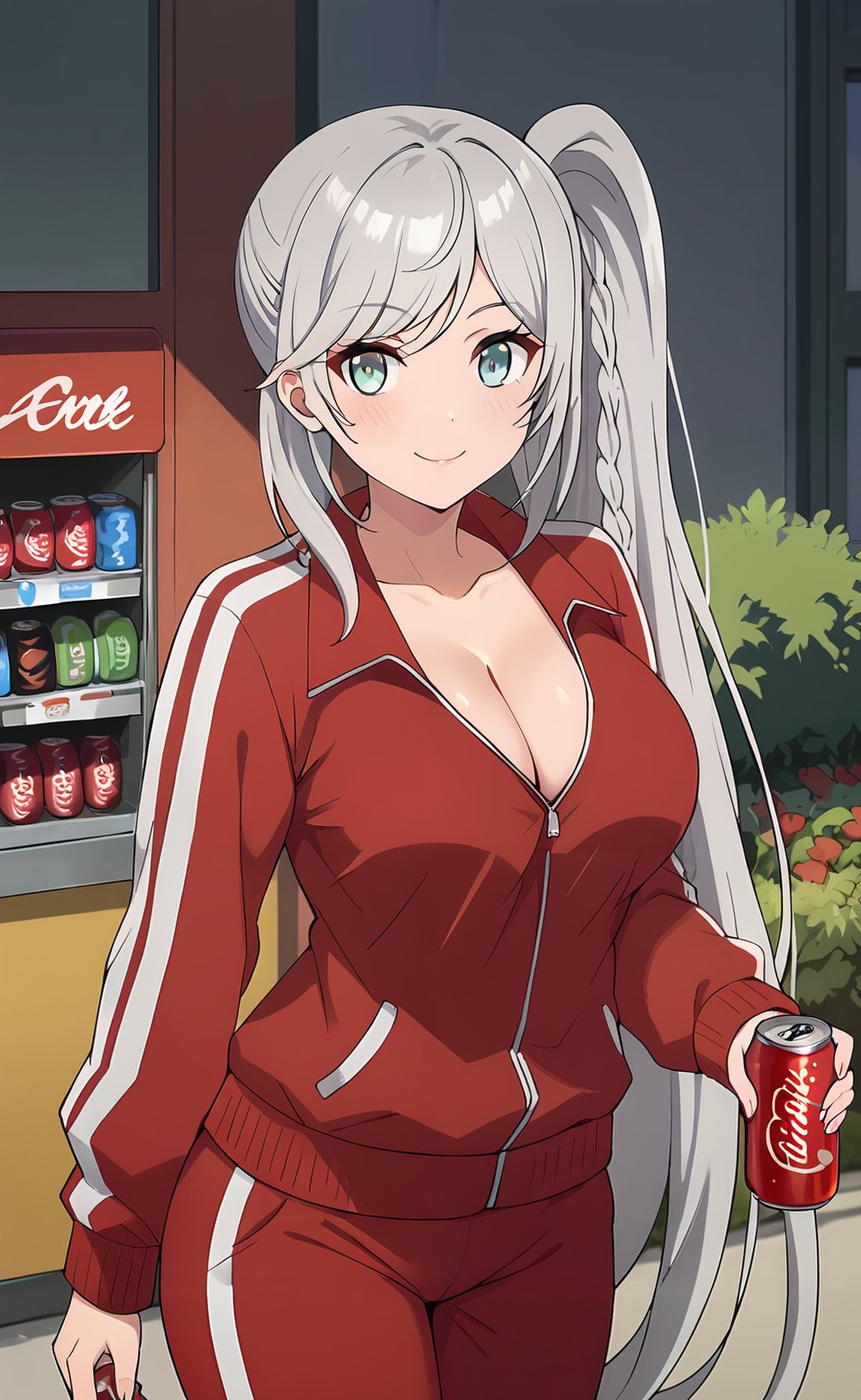 score_9, score_8_up, score_7_up,  <lora:Livia_de_Udis:1> livia_wz, very long hair, side ponytail, grey hair, heterochromia,  blue eyes, green eyes, braid, large breasts, red jacket, track jacket, track suit, red pants, track pants, cleavage, long sleeves, cowboy shot, coca-cola, can, holding_can, vending machine, smile, light blush, street, houses, looking at viewer, town