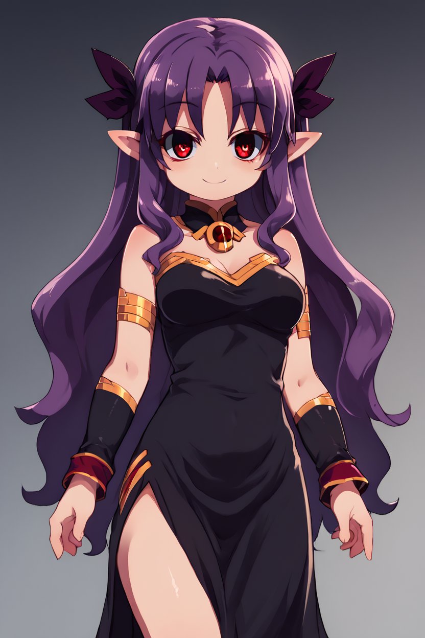 high resolution, highly detailed, perfect lighting, beautiful detailed eyes,   ((masterpiece,best quality)), absurdres, solo,    <lora:Zankuro_Style_Pony:0.6>, medium breasts, smile, absurdres, ishtar-san, medium breasts, long_hair, looking_at_viewer, pointy_ears, purple_hair, red_eyes, solo, cowboy shot, standing, black dress, curvy,