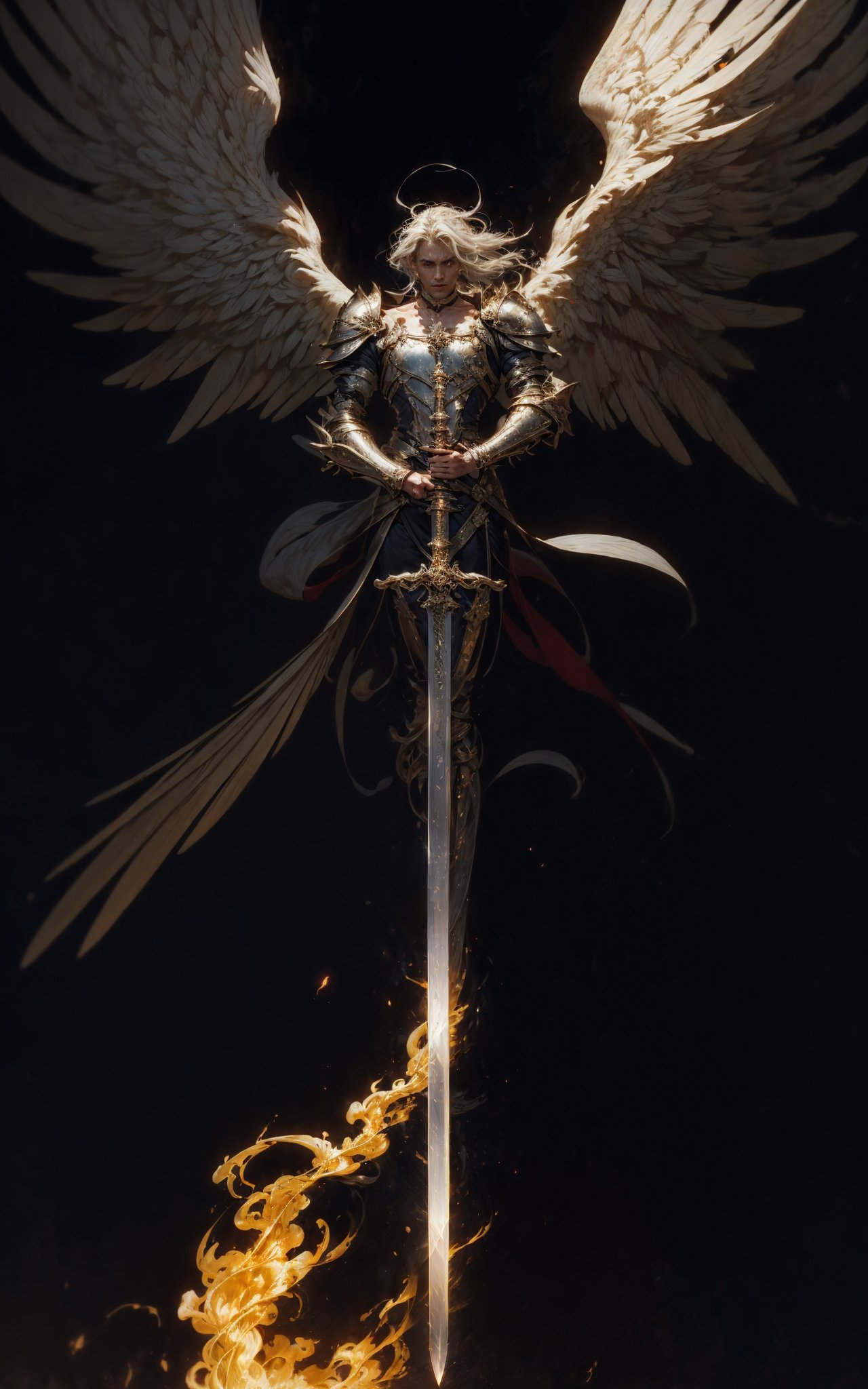 angel,Super powerful flame angel flies out of the clouds, behind him is golden meteor magic surrounding his body, Gothic style, gorgeous golden armor, huge flame great sword, rich background, sword art background, film shooting, depth of field, Super visual, Super visual ,(exposed shoulders，bare shoulders:1.1)，Flamboyant armour，Angel wings. Huge angel wings，<lora:绪儿-巨剑大天使V2 angel:0.8>