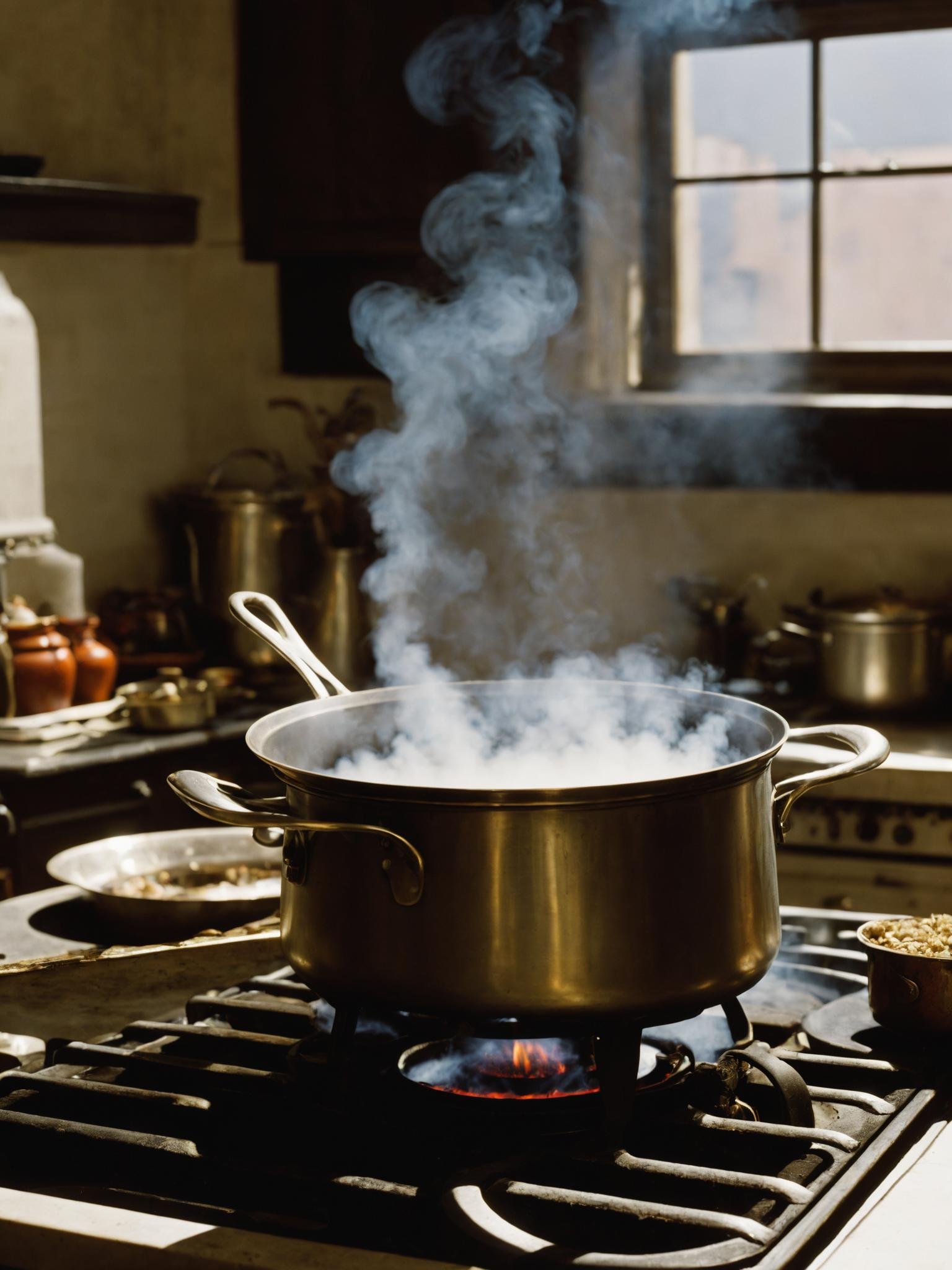 a pot on a stove with steam rising from it , indoors, no humans, smoke, sink ,scene from a Adventure      movie , cinematic , William Wyler, Sean Bobbitt , <lora:Movie_aesthetic_XL:1>