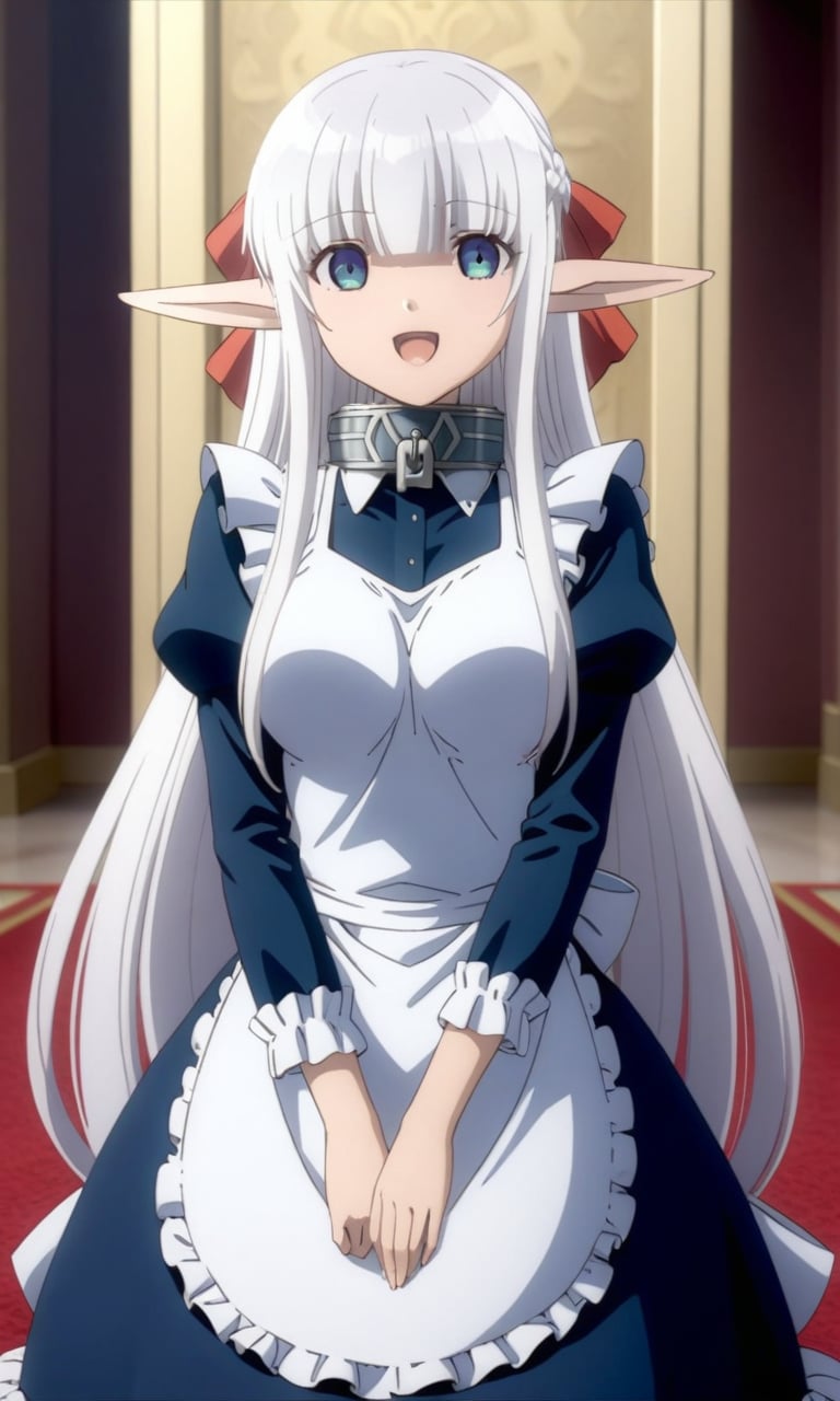 (masterpiece, best quality, very aesthetic, ultra detailed, many details), 1girl, nephiliaxl, pointy ears, blue eyes, very long hair, white hair, elf, apron, maid, collar, braid, dress, long sleeves, frills, blunt bangs, hair ribbon, seiza, looking at viewer, :D, smile, throne room, indoors<lora:EMS-349075-EMS:1.000000>, <lora:EMS-335216-EMS:0.700000>