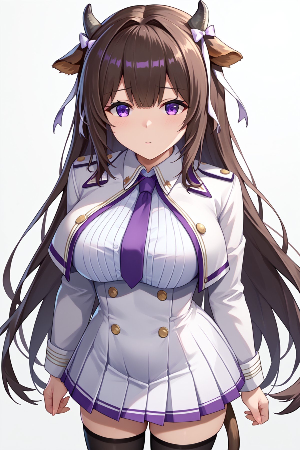 score_9_up,score_8_up,score_7_up,score_6_up,source_anime, KAL,  short purple pleated skirt, white military uniform, double-breasted, aiguillette, hair ribbon, 1girl, buttons, blush, looking at viewer, purple eyes, cropped white jacket, black thighhighs, cow horns, long sleeves, purple necktie, zettai ryouiki, cow girl, white simple background, large breasts, cow tail, brown long hair, animal ears, cowboy shot,    <lora:KashinoAzurLaneLora-XL-V1:1>
