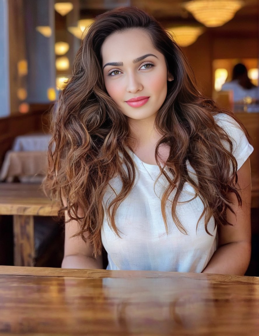 AditiMistry,<lora:AditiMistrySDXL:1>iphone photo woman, long brunette hair, leans on a table in a restaurant, hazel eyes, perfect eyes, gorgeous smile, light makeup, wearing a t-shirt, good atmosphere . large depth of field, deep depth of field, highly detailed