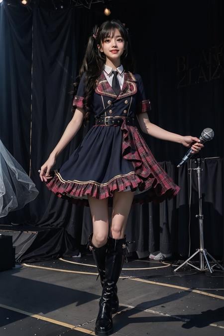 realistic, photorealistic, masterpiece, incredibly absurdres, extremely detailed, best quality, idol_costume, knee boots, 1girl, solo, idol, full body, long black hair, twintails, standing, stage in the backgorund, stage lighting, stage spotlight, detailed background, audience, holding microphone, singing, <lora:idol_costume_style5_v1:0.7>