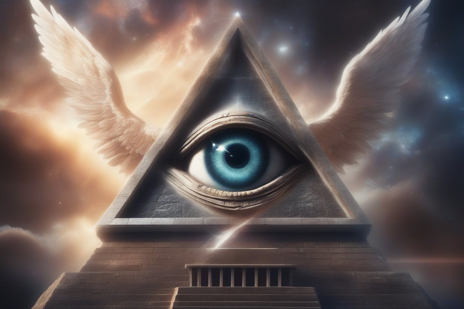 a hyper realistic picture of a illuminati eye in a pyramid form with angel wings, flying in the sky, space backdrop