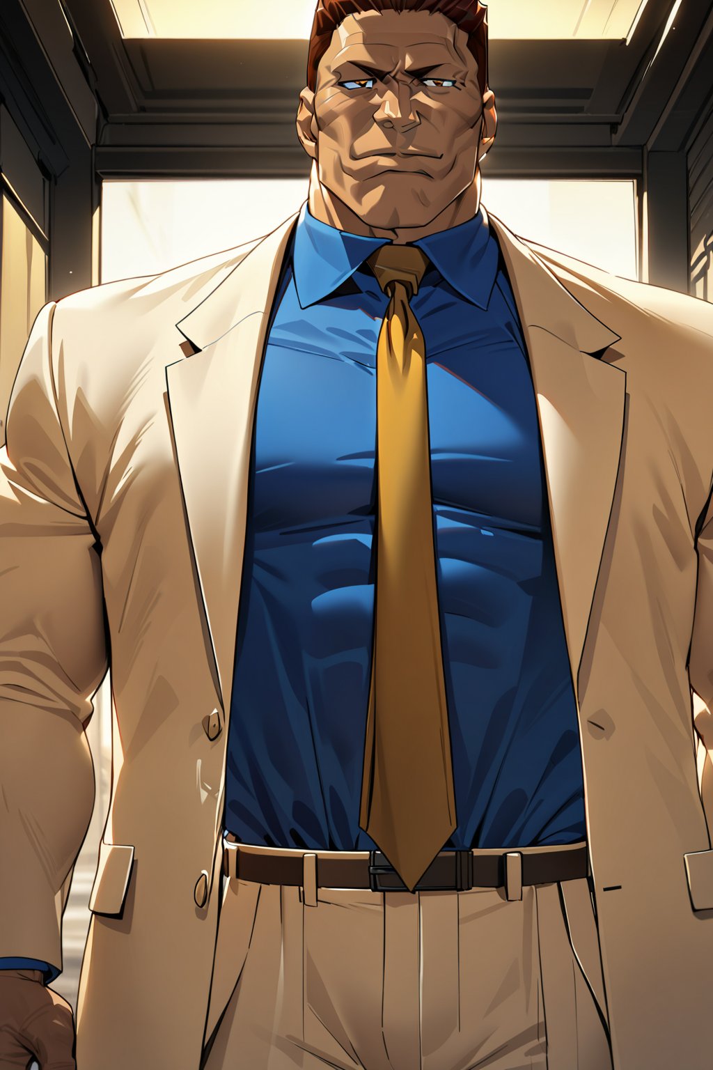 standing, hayasumi renji, 1man, solo, white suits, muscular man, blue shirt, yellow necktie, (masterpiece, high-quality, breathtaking, highres, ultra detailed), (expressive eyes, perfect face),  <lora:hayasumi renji 526:1>