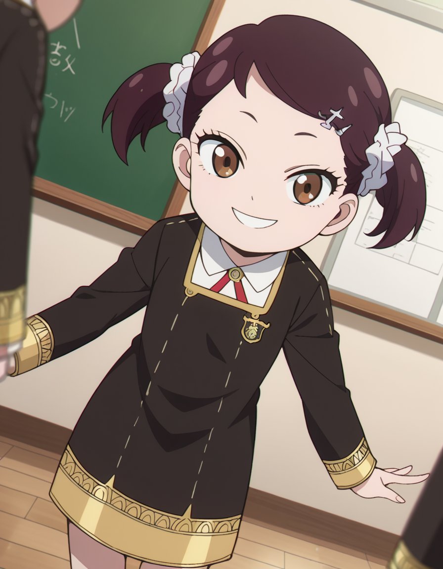 score_9, score_8_up, score_7_up, source_anime,beckyblackbell, <lora:becky-blackbell-s1-ponyxl-lora-nochekaiser:1>becky blackbell, black hair, hair ornament, twintails, hairclip, scrunchie, hair scrunchie, brown eyes,long sleeves, dress, school uniform, socks, black dress, eden academy school uniform,indoors, classroom, smile, bent over,looking at viewer, dutch angle, cowboy shot