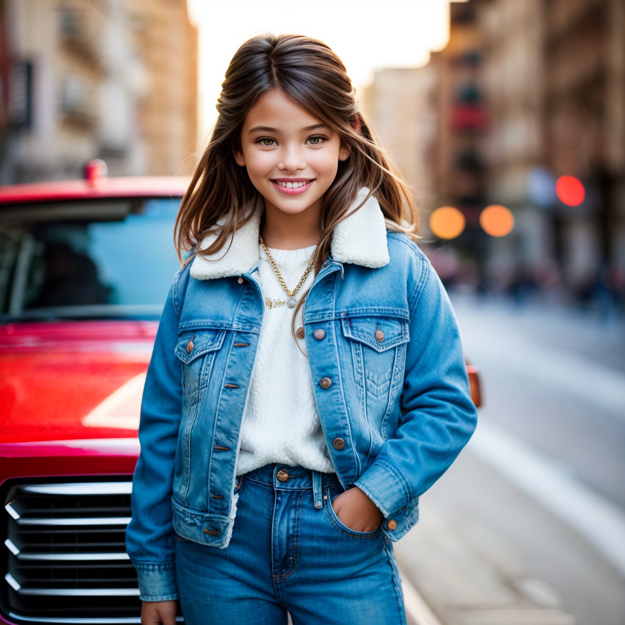 wallpaper, looking back, full body portrait of smiling (AIDA_LoRA_LG2014:1.07) <lora:AIDA_LoRA_LG2014:0.78> as little girl wearing a sherpa jacket and jeans posing in front of the car, on the street, pretty face, naughty, funny, happy, playful, intimate, flirting with camera, dramatic, composition, studio photo, studio photo, kkw-ph1, hdr, f1.7, getty images, (colorful:1.1)