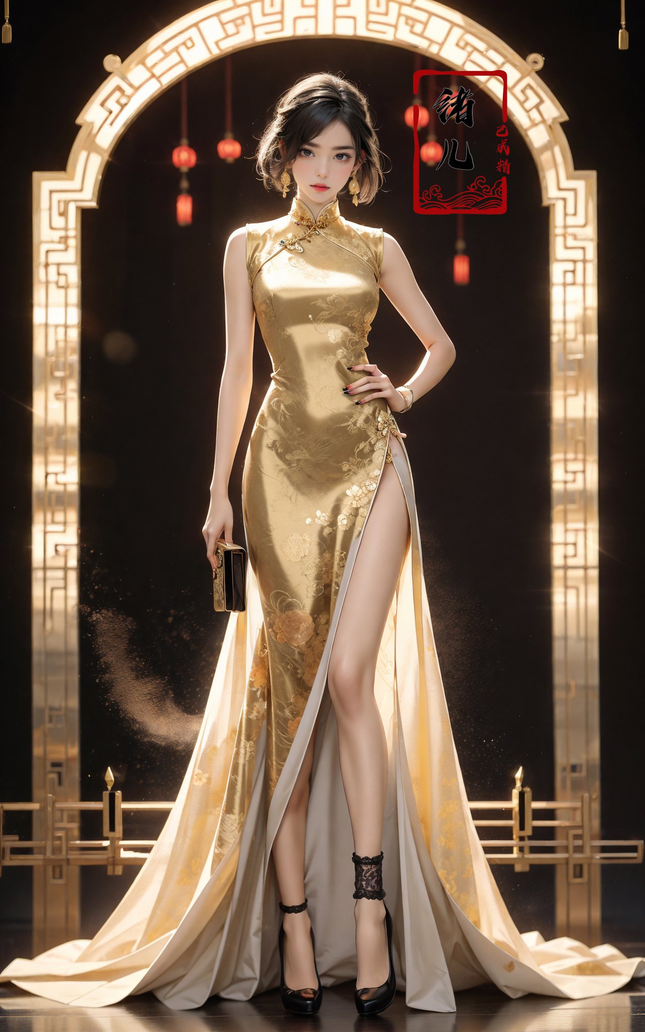 Black background,Fashion cheongsam，nail polish，lace trim，gradient，contrapposto，yellow long dress，lace，red lips， (full body:0.8), fishnets，<lora:Fashion cheongsam_20231207093219:0.7>