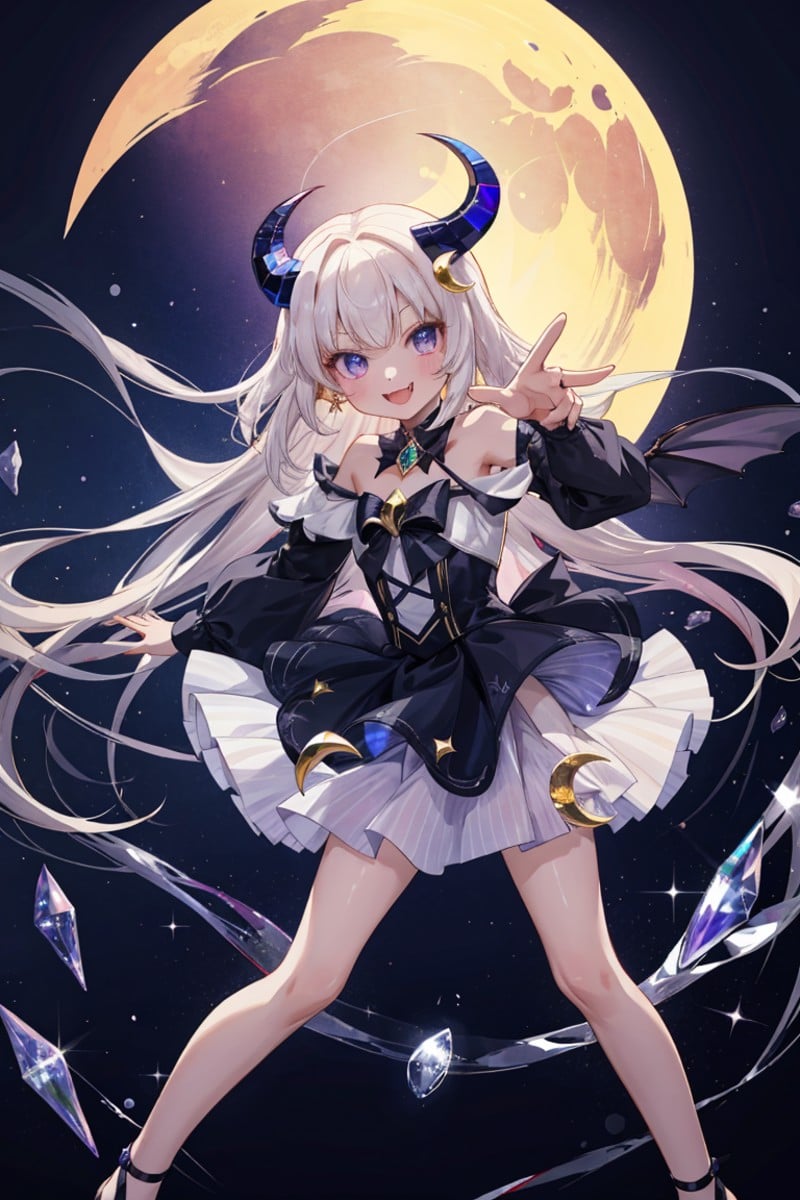 1girl, smile, small fangs, little devil, devil horns, looking at viewer, BREAK, reaching out to viewer, spinning, (open stance)1.2, BREAK, flowing glistering hair, flowy translucent skirt, off shoulder cut out top with laces, BREAK, (detailed crescent moon)1.2, (crystal, holographic, prism)1.1