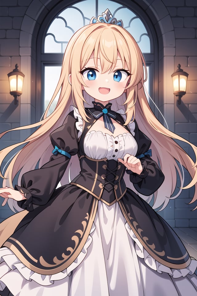 insanely detailed, absurdres, ultra-highres, ultra-detailed, best quality,1girl, solo, nice hands, perfect handsBREAKprincess, wearing princess costume, princess dress with many frills, (tiara:1.3) on hair, (nsfw:-1.5)BREAKhappy smile, laugh, open mouthBREAK,standing, cowboy shot, looking at viewerBREAKslender, kawaii, perfect symmetrical face, ultra cute girl, ultra cute face, ultra detailed eyes, ultra detailed hair, ultra cute, ultra beautifulBREAK(fantasy world, in castle), depth of fieldBREAKlarge  breastsBREAKblonde hair, long hair, messy hair, blue eyes, hair between eyes