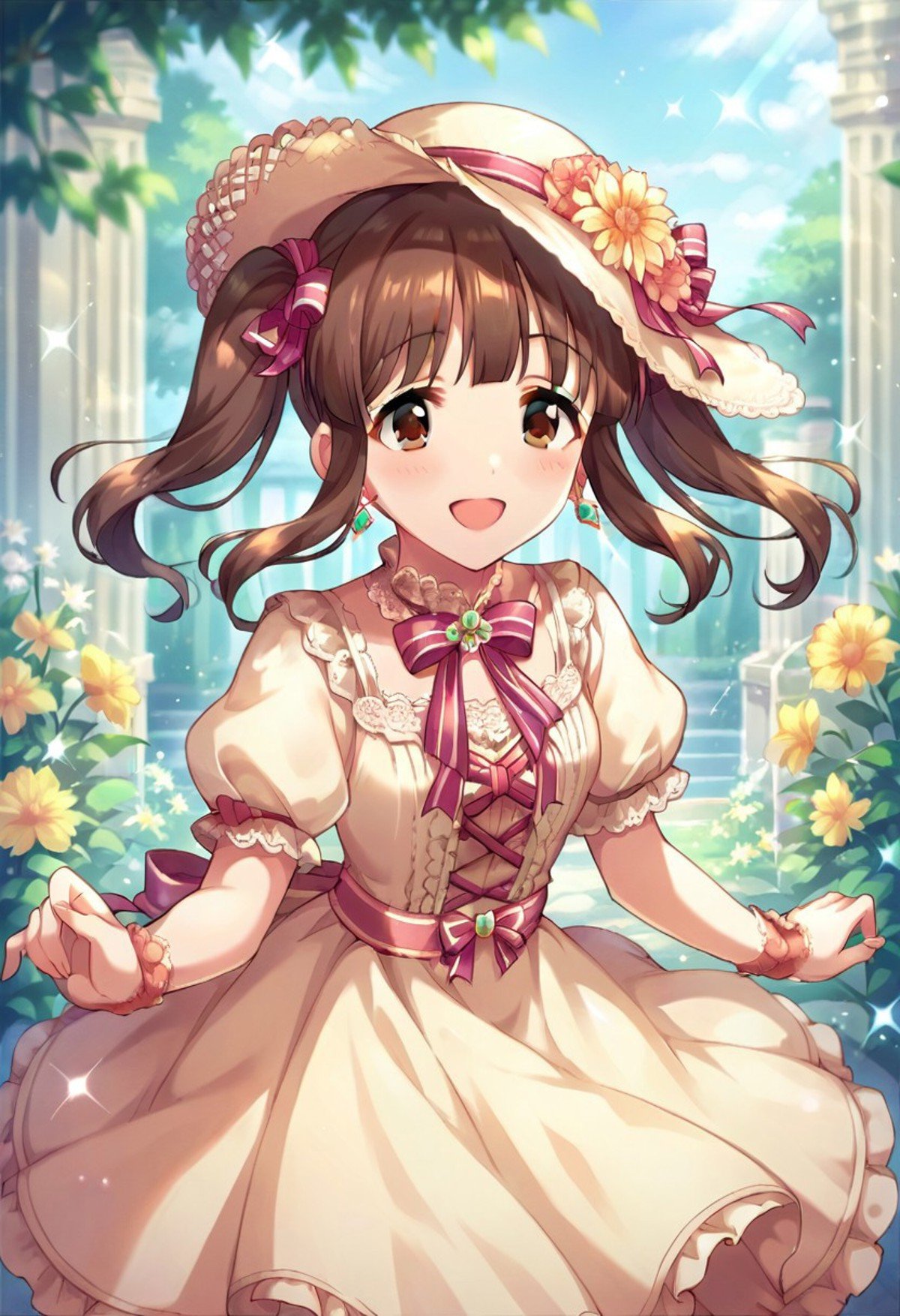 score_9, score_8_up, score_7_up, source_anime, ogata chieri, brown hair, twintails, brown eyes,1girl, solo, dress, hat, smile, earrings, flower, jewelry, ribbon, blush, open mouth