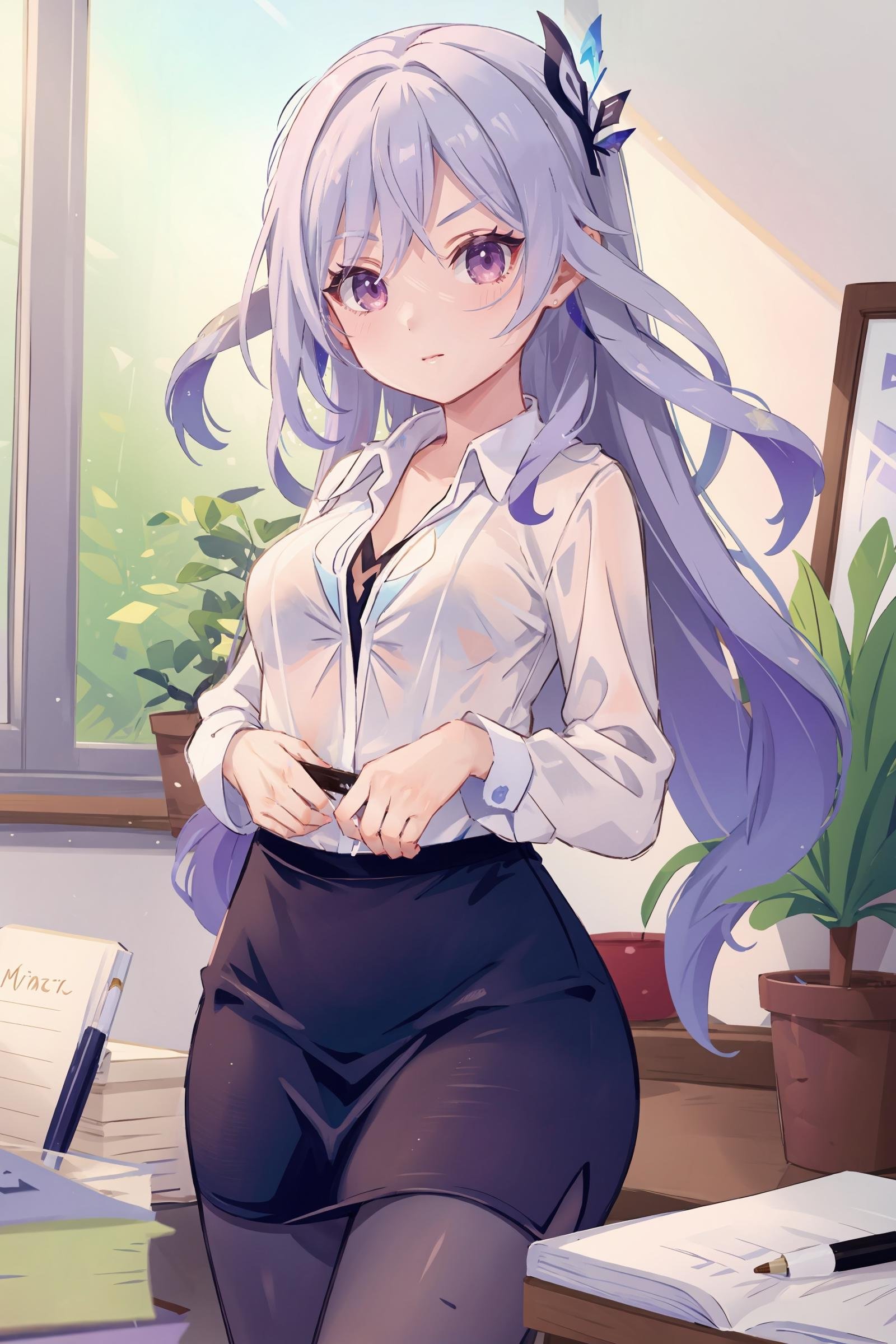 1girl, skirk \(genshin impact\), solo, office lady, white collared shirt, pencil skirt, pantyhose, glasses, glaring, looking at viewer, hand on eyewear, office, indoors, depth of field, masterpiece