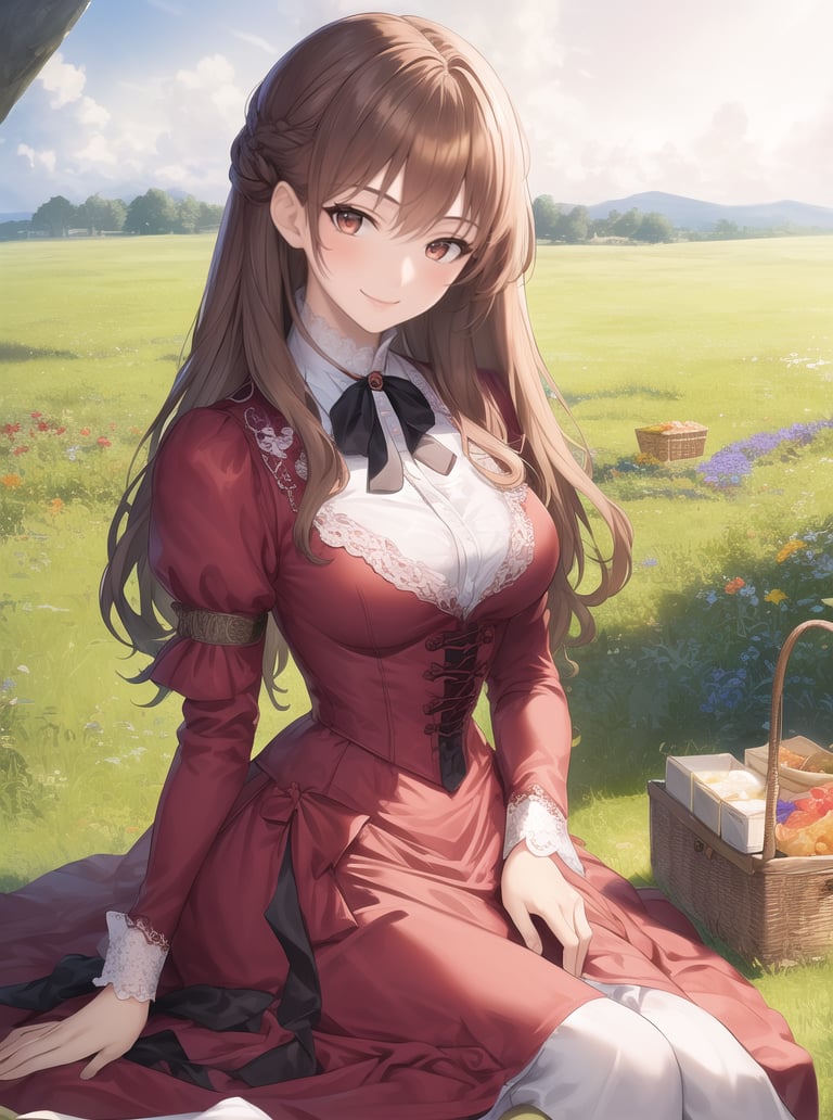 8k, masterpiece, highly detailed, high quality,1girl, wearing a red (victorian dress), <lora:victorian_dress-SD-2.0:1> sitting in a field of wildflowers, long brown hair, looking at viewer, picnic basket, wide angle, seductive smile, head tilt, (patting lap),