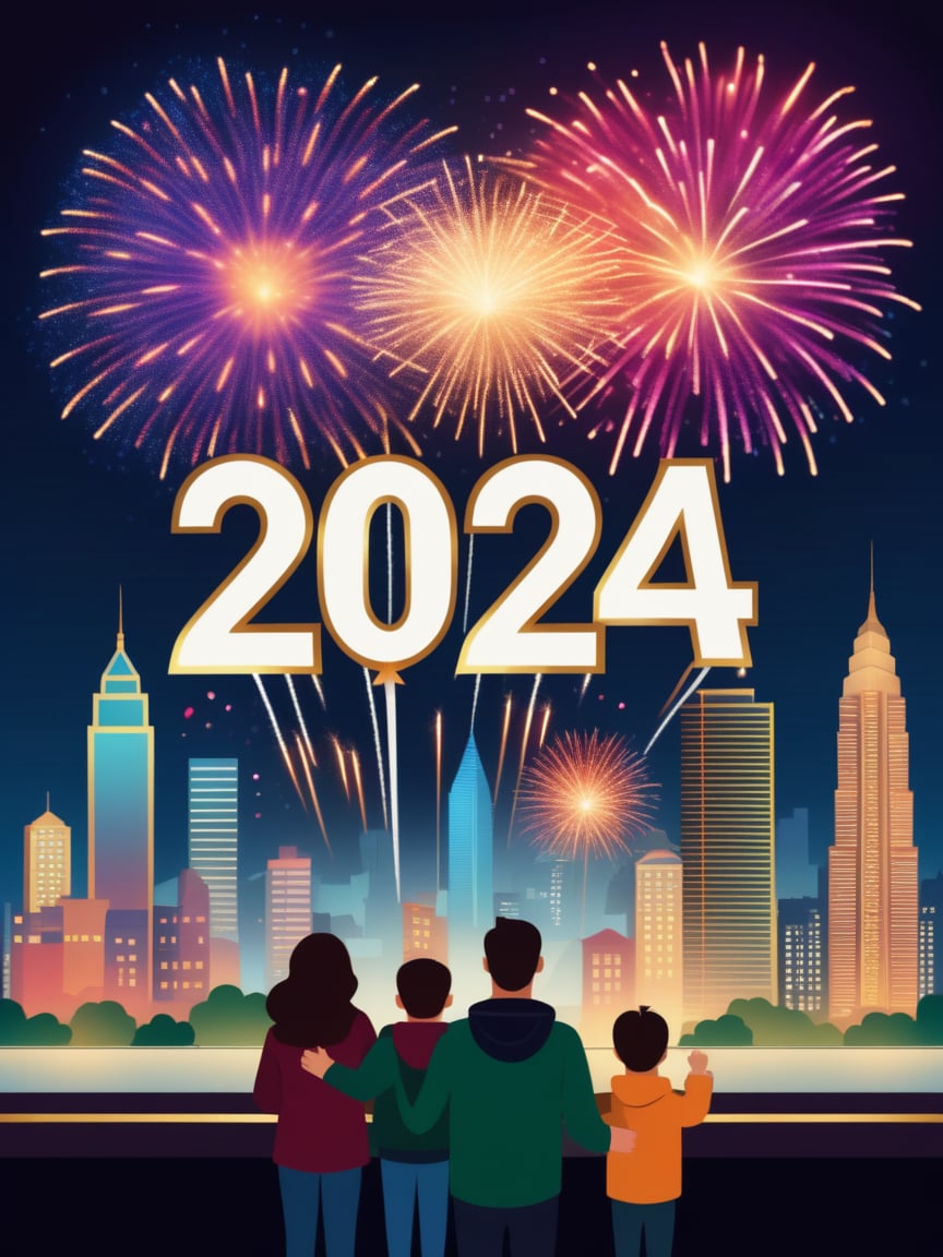 A family watches fireworks explode over a city skyline,with a sign that says (New year 2024:1.9) marking the beginning of the new year,realistic,best quality,