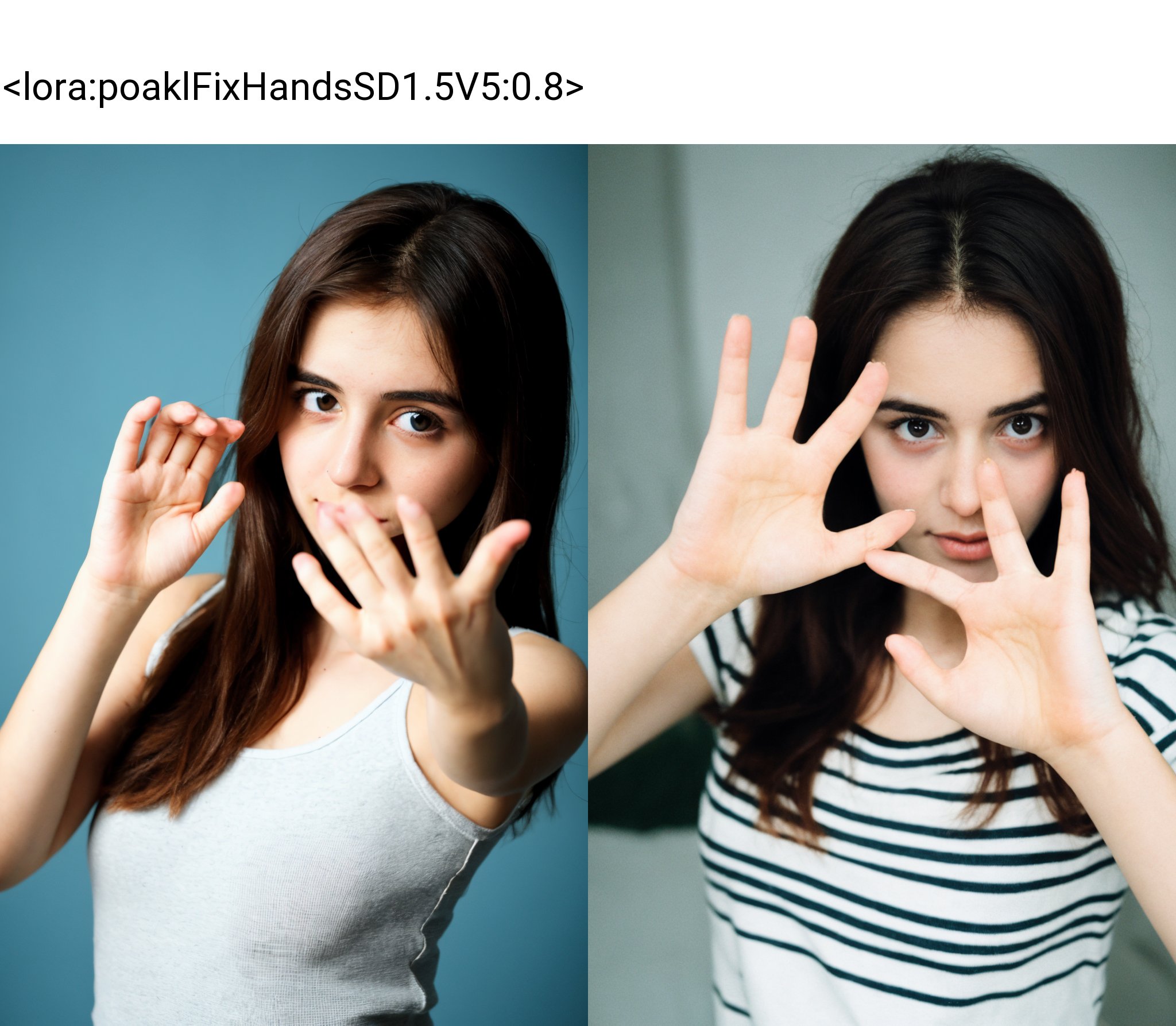 a young 20yo girl showing both of her hand fingers at camera with,((poakl)),<lora:poaklFixHandsSD1.5V5:0.8>,