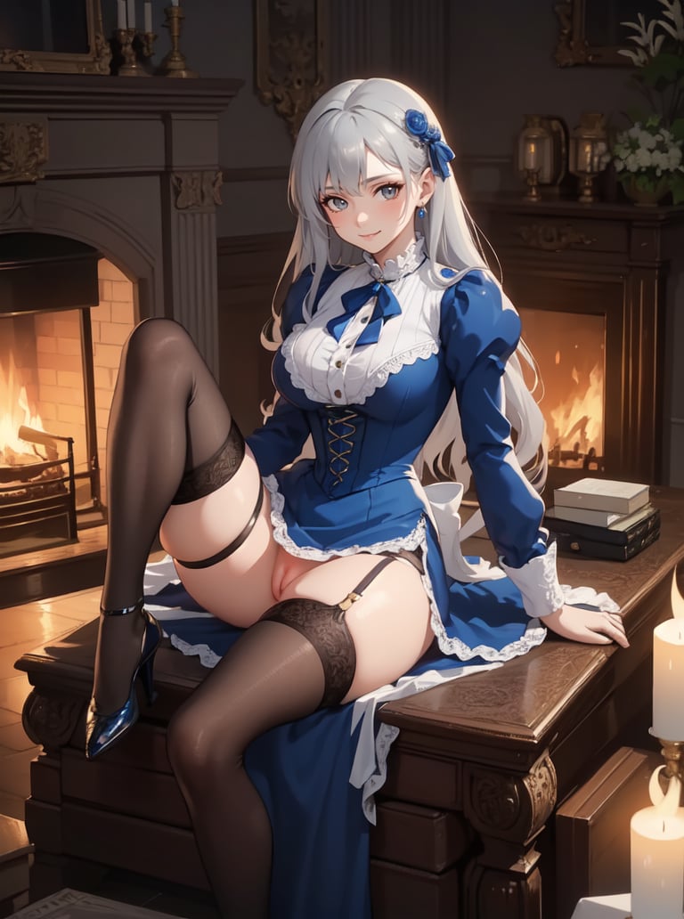 8k, masterpiece, highly detailed, high quality,1girl, wearing a blue (victorian dress), <lora:victorian_dress-SD-2.0:1> grey hair, fireplace, leg up, mature woman, garter straps, thighhighs, heels, (huge breasts), seductive smile, looking at viewer,((spread legs, pussy))