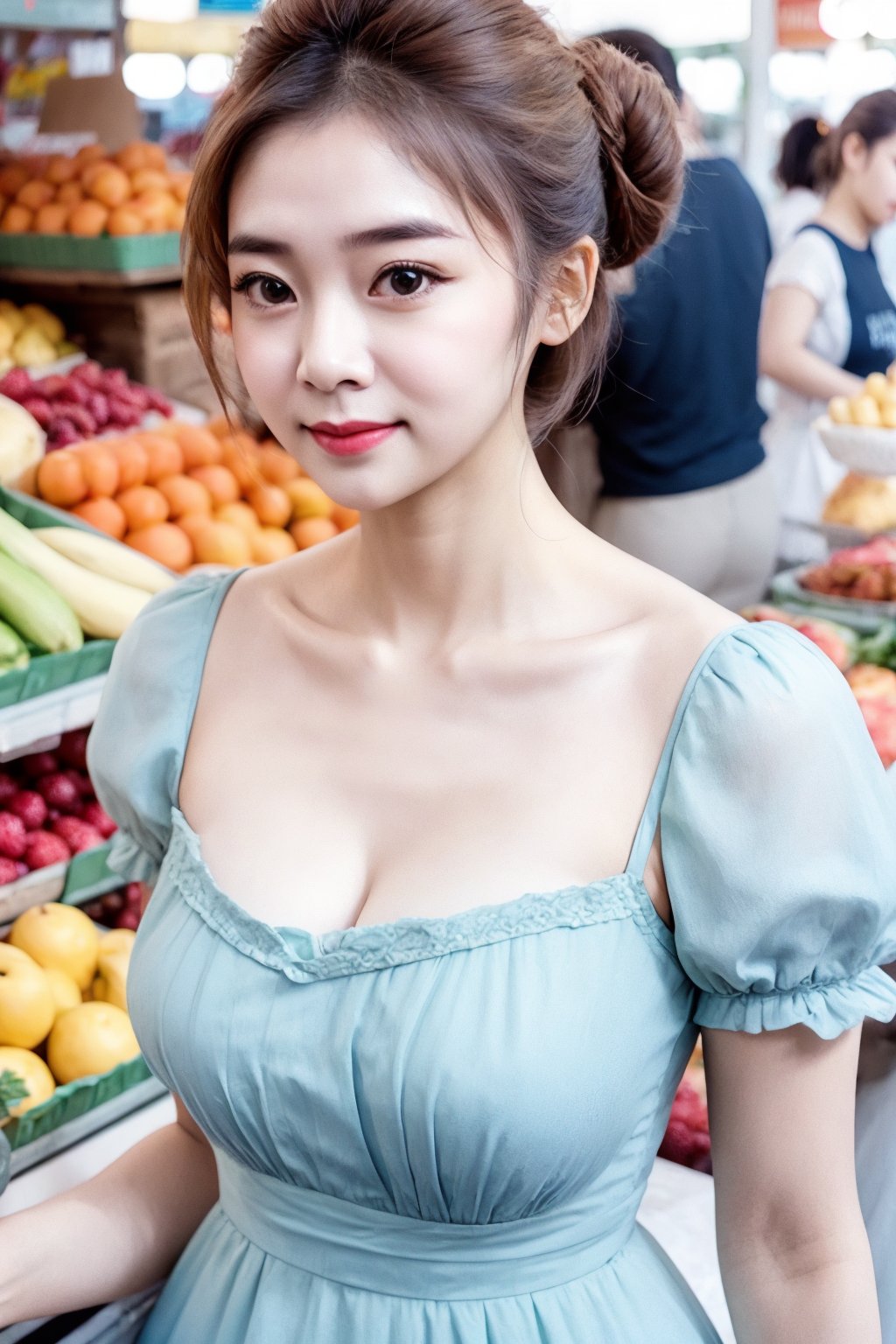 cute woman, cinematic photo of a beautiful korean fashion model, knot bun hair, (wearing pastel blue dress), short puffy sleeves, collarbones, make-up, upper body, vivid colors, bokeh, fruits market, leica, smiling<lora:EMS-409110-EMS:0.800000>