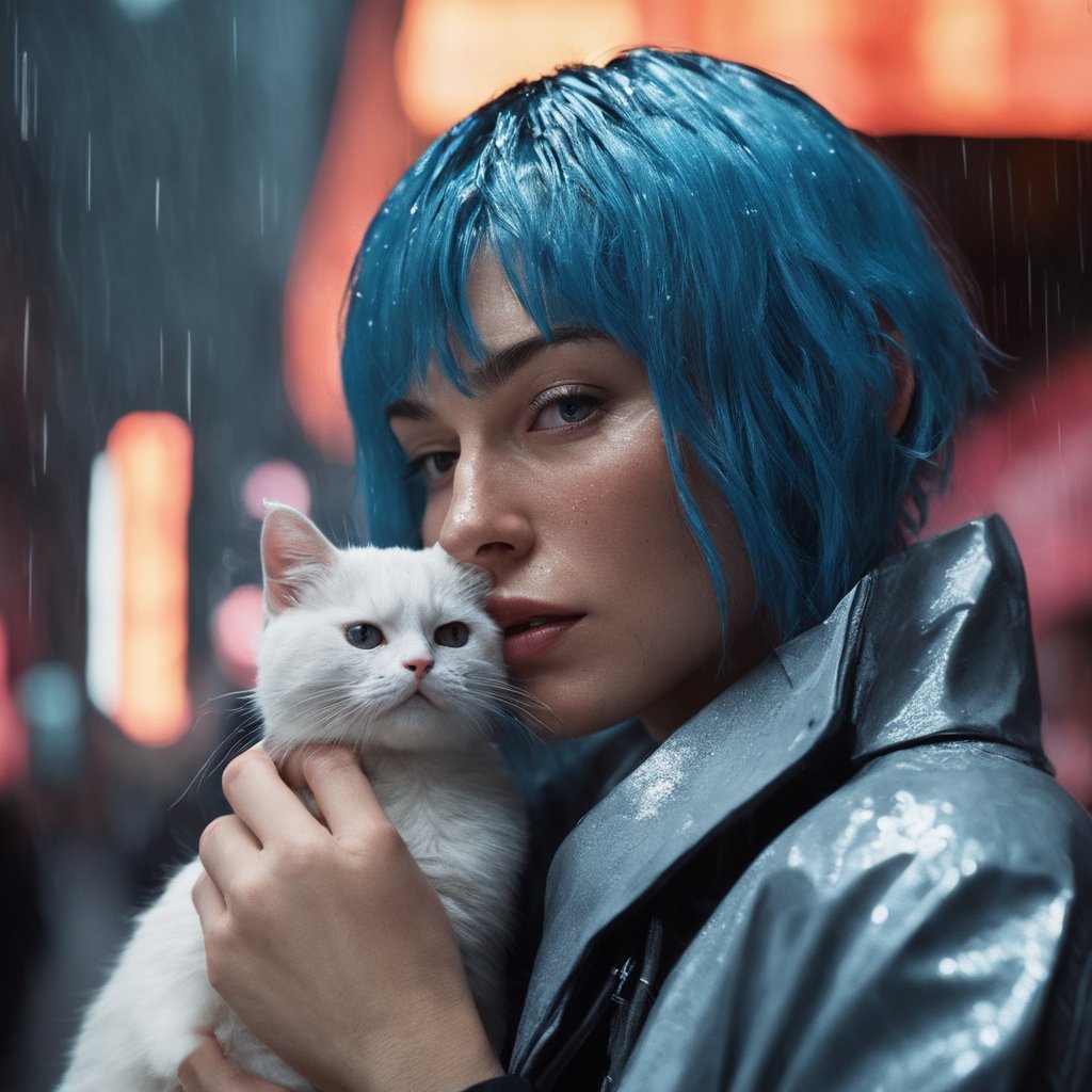 RAW photo, (photo flash:1.5) (fashion photography) (pictorialist style), fashion shot, realistic photo style, sharp focus,(full body shot) of a 20 yo girl with ice blue hair in future clothes, angry or crying and sad looking, tearful and open-mouthed, reveal sorrow, open mouth, teary, tear, sorrow, crying, transparent liquid, water tears, glass tears, cute face, eye level, focus on eyes,she ist wearing a sleek metallic jumpsuit with holographic accents, LED-lit seams, form-fitting silhouette, iridescent fabric, touch-responsive panels, adaptive color-changing, avant-garde asymmetry, integrated tech accessories, gravity-defying drapes, translucent mesh inserts, biomimetic textures, 3D-printed details, energy-efficient materials, microfiber sensors, minimalist cutouts, modular layering, neural interface compatibility, solar-charging capabilitiesShe is holding a white cat, rain, (wet fur:1.2), water droplets, puddles, drenched, shimmering, damp paws, misty air, whiskers glistening, gray skies, reflective eyes, soggy whiskers, damp nose, fur clinging, splashing, damp coat, rainy day, water-soaked, watery worldphoto location is a night scene from blade runner movie: moviestill, (bright dazzling neon lights:1.3), futuristic skyline, neon-lit alleys, rain-soaked pavement, towering skyscrapers, gritty urban sprawl, synthetic humans, bustling crowds, holographic billboards, flying vehicles, dimly lit shops, cyberpunk aesthetics, dystopian atmosphere, steamy vents, flickering lights, androids in shadows, moody reflections, artificial intelligence, techno-noir setting, dark mysteries, urban decay, rain-slicked streets, augmented reality, electronic hum, metropolitan dystopia, eerie silence, urban isolation, polluted skies, neon glow, tech-enhanced crime, melancholic undertones, enigmatic figures, uncertain future, digital billboards, glimmering advertisements, corporate dominance, haunting alleys, tech noir ambiance, abandoned corners, cybernetic implants, forbidden desires, existential questions, artificial lifeforms, ethereal music, looming architecturedappled light on face, pale skin, no make-up, detailed face and eyes, natural skin texture, (highly detailed skin:1.1), (textured skin:1.1), (skin pores:1.1), (oiled shiny skin:0.5), (skin blemish:1.2), (imperfect skin:1.1), intricate skin details, visible skin detail, detailed skin texture, detailed eyes, round iris, remarkable detailed pupils, light reflections in her eye, visible cornea, highly detailed iris, tiny blood vessels in the eye, small freckles, wrinkles, pimples,  beauty spot, <lora:polyhedron_all_sdxl-000004:0.7>celluloid's unique character, film grain, (no depth of field:1.5), movie shot with (panavision panaflex gold camera:1.1) on (celluloid:1.2), shot by ridley scott, shot by Denis Villeneuve, best quality, masterpiece, ultra high res, (photorealistic:1.4), 8K raw photo, professional photography, award winning photo, ((light)) photography
