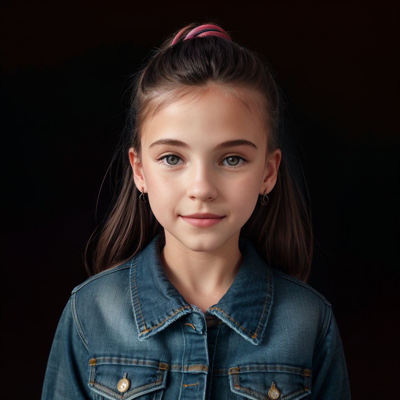 (masterpiece:1.3), extra resolution, view from below, close up portrait of cute (AIDA_LoRA_arusso:1.03) <lora:AIDA_LoRA_arusso:0.68> as little girl in a denim jacket and jeans, pretty face, naughty, funny, happy, playful, intimate, dramatic, studio photo, studio photo, kkw-ph1, hdr, f1.7, getty images, (colorful:1.1), (black background:1.5)