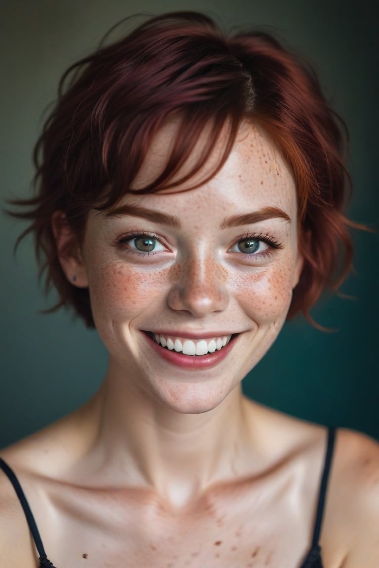 beautiful lady, (freckles), big smile, ruby eyes, short hair, dark makeup, hyperdetailed photography, soft light, head and shoulders portrait, cover