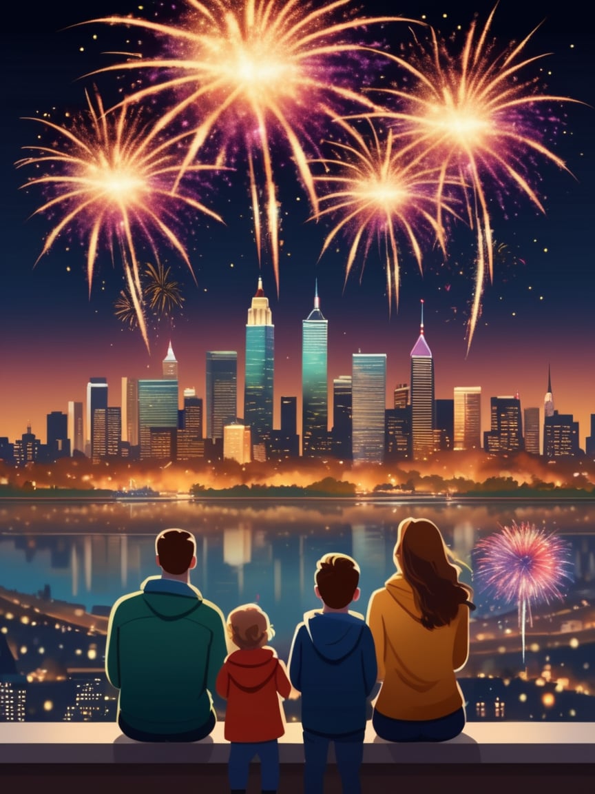 A family watches fireworks explode over a city skyline, marking the beginning of the new year., realistic, best quality