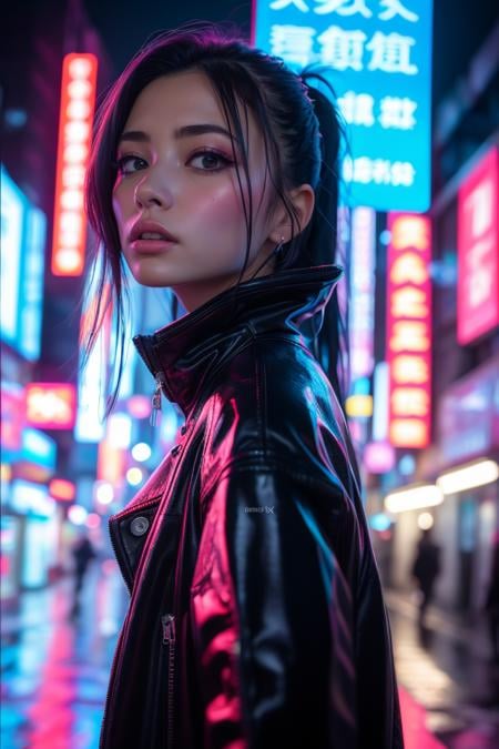 Cyberpunk,1girl,solo,long hair,blurry,neon lights,looking at viewer,(cyberpunk:1.4),black hair,blurry background,upper body,depth of field,science fiction,jacket,outdoors,black eyes,1girl,best quality,masterpiece,illustration,an extremely delicate and beautiful,CG,unity,8k wallpaper,(((realistic))),Amazing,finely detail,masterpiece,official art,extremely detailed CG unity 8k wallpaper,incredibly absurdres,huge filesize,ultra-detailed,highres,extremely detailed,beautiful detailed girl,<lora:Cyberpunk_20240131072835:0.8>,