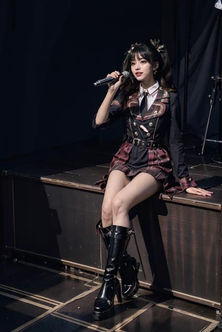 realistic, photorealistic, masterpiece, incredibly absurdres, extremely detailed, best quality, idol_costume, knee boots, 1girl, solo, idol, full body, long black hair, twintails, sitting, stage in the backgorund, stage lighting, stage spotlight, detailed background, audience, holding microphone, singing, <lora:idol_costume_style5_v1:0.7>