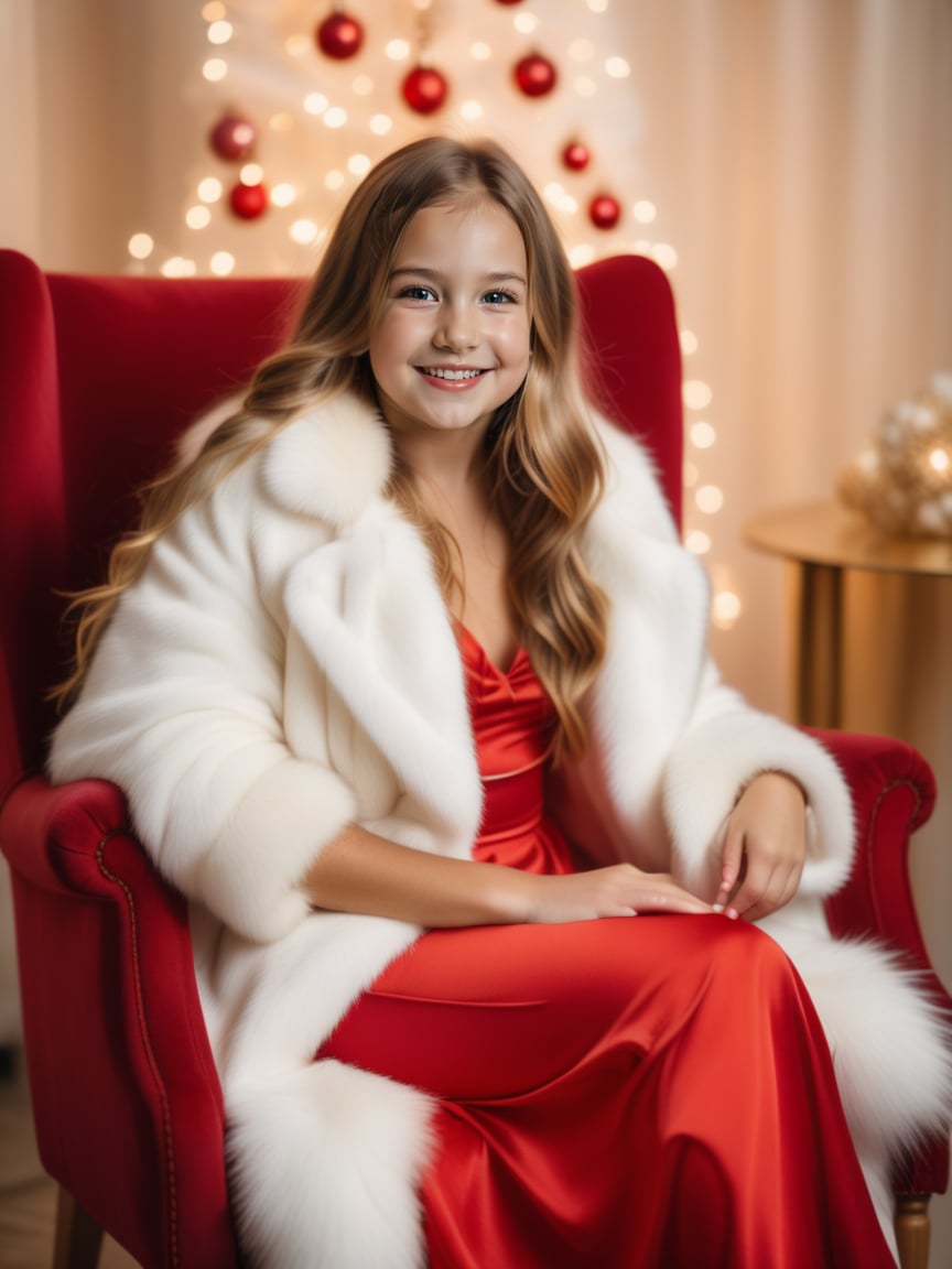 A young girl with long, flowing hair sits in a chair, wearing a red dress and a white fur coat. She is smiling and looking at the camera, her eyes sparkling with joy