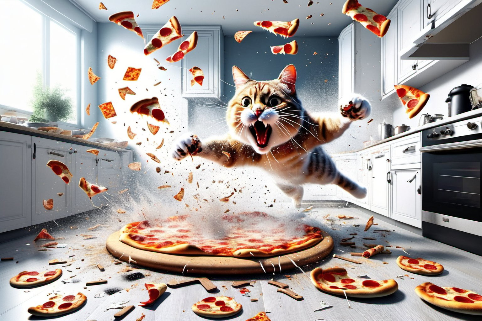a hyper realistic picture of a cat making a mess out of the kitchen, pizza flying everywhere