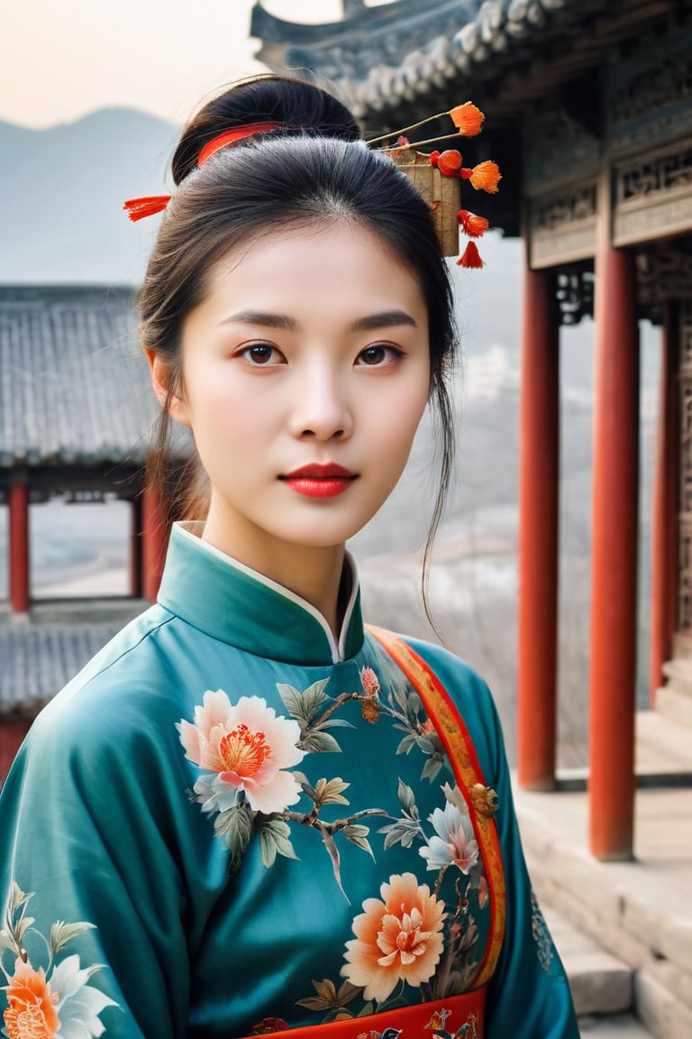 woman close up portrait, Chinese style landscape painting, a girl with exquisite looks. China Dress, Chinese style Architecture <lora:rebbackp:1>
