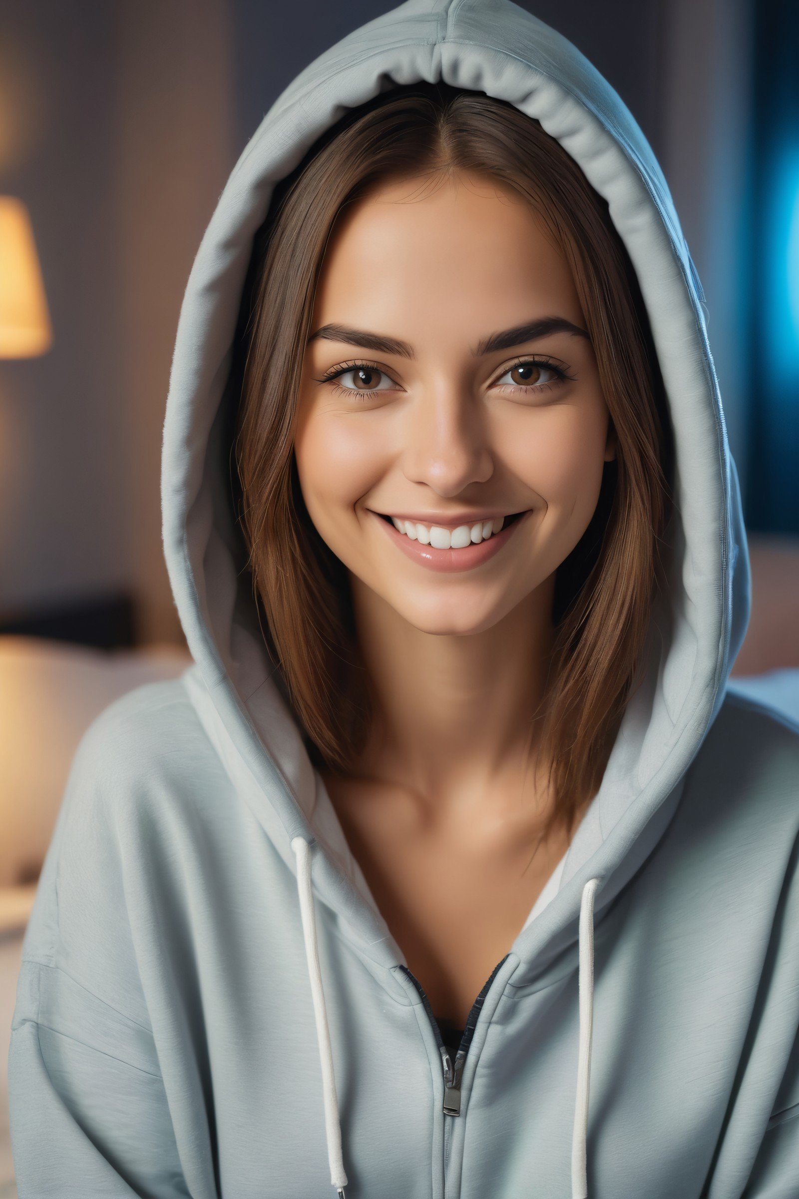 A waist up portrait of a splendid 28 years old Romanian woman looking at camera being happy, rave, wearing a hoodie, smile, on e bed, indistinguishable from reality with detailed facial features, cinematic shot