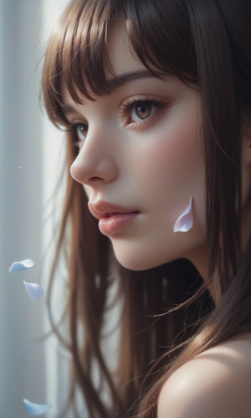 score_9, score_8_up, score_7_up, Girl's profile picture, brown hair with bangs, light blue petals on cheeks, realistic skin texture, detailed picture, close-up, HD32k