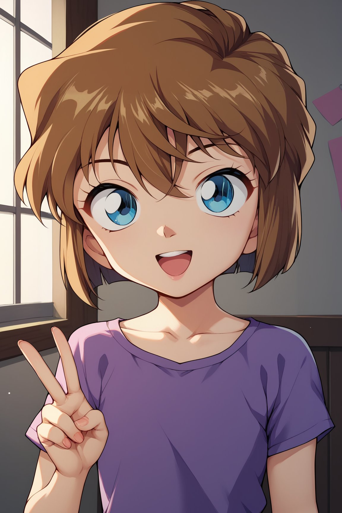 score_9, score_8_up, score_7_up, score_6_up, score_5_up, score_4_up, AiHaibaraDCXL, child woman, retro artstyle, big eyes, blue eyes, brown hair, hair between eyes, short hair, flat chest, collarbone, purple shirt, short sleeves, (solo:1.3), front view, peace sign, (portrait, upper body), solo focus, open mouth, seductive smile, looking at viewer, indoors <lora:AiHaibaraDCXL:0.8>
