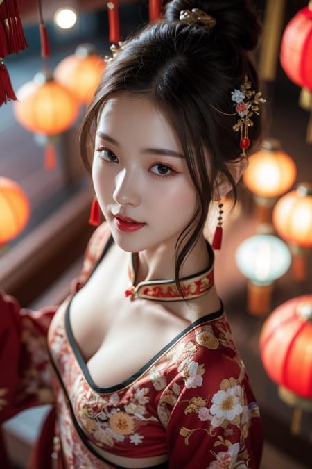 Spring Festival,1girl,solo,hair ornament,dress,black hair,black eyes,chinese clothes,from above,lantern,jewelry,red dress,looking at viewer,smile,realistic,blurry,1girl,best quality,masterpiece,illustration,an extremely delicate and beautiful,CG,unity,8k wallpaper,Amazing,finely detail,masterpiece,official art,extremely detailed CG unity 8k wallpaper,incredibly absurdres,huge filesize,ultra-detailed,highres,extremely detailed,beautiful detailed girl,realistic,<lora:Spring Festival_20240128015944:0.8>,