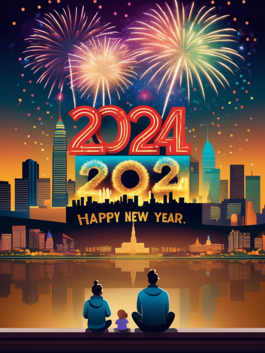 A family watches fireworks explode over a city skyline,with a sign that says ("Happy New year":1.9) (2024:2) marking the beginning of the new year,realistic,best quality,