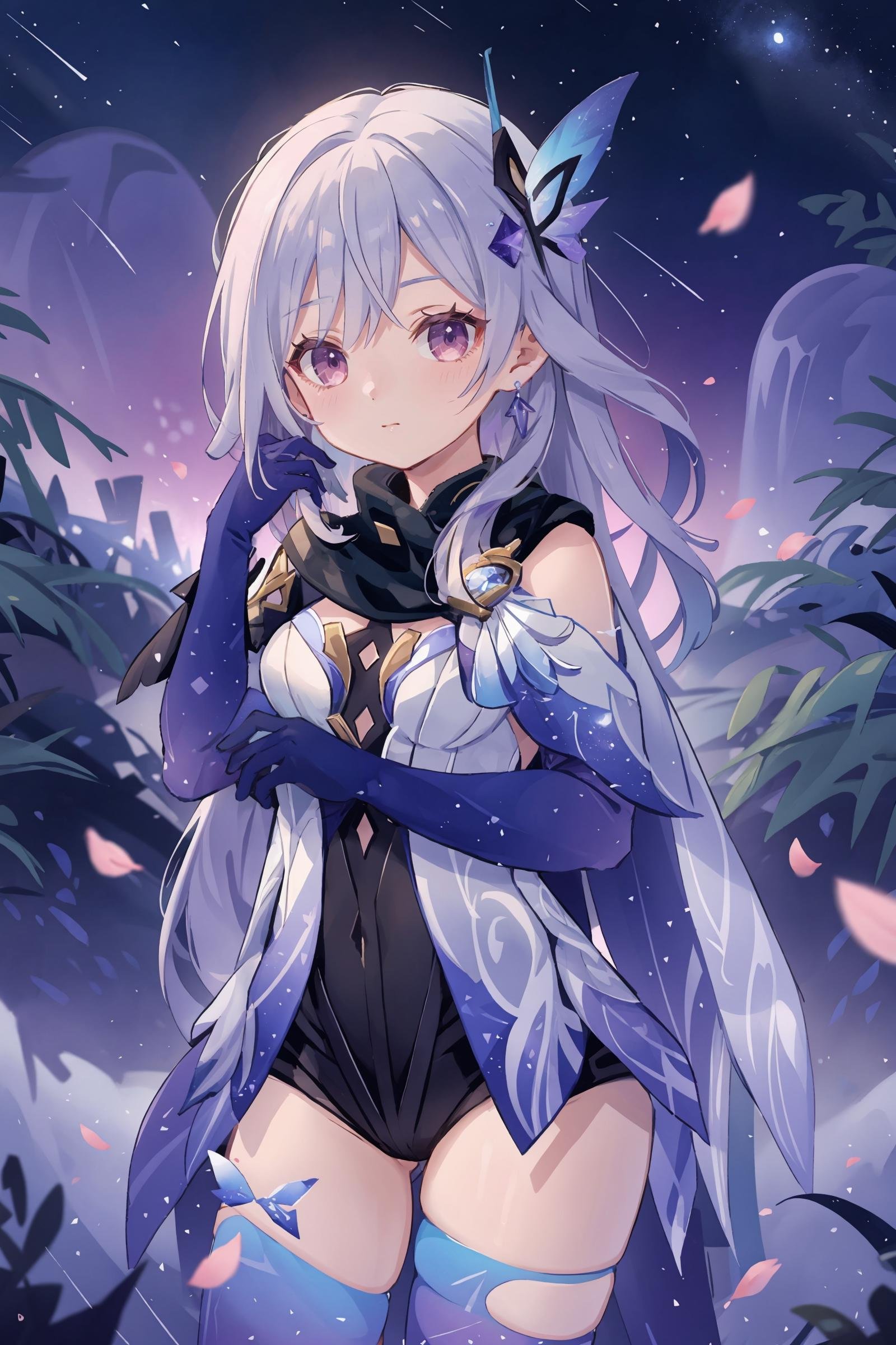 1girl, skirk \(genshin impact\), elbow gloves, earrings, cape, blue thighhighs, black scarf, butterfly hair ornament, armored leotard, looking at viewer, parted lips, adjusting hair, petals, floating hair, cowboy shot, depth of field, space, nebula, starry sky, earth \(planet\), masterpiece