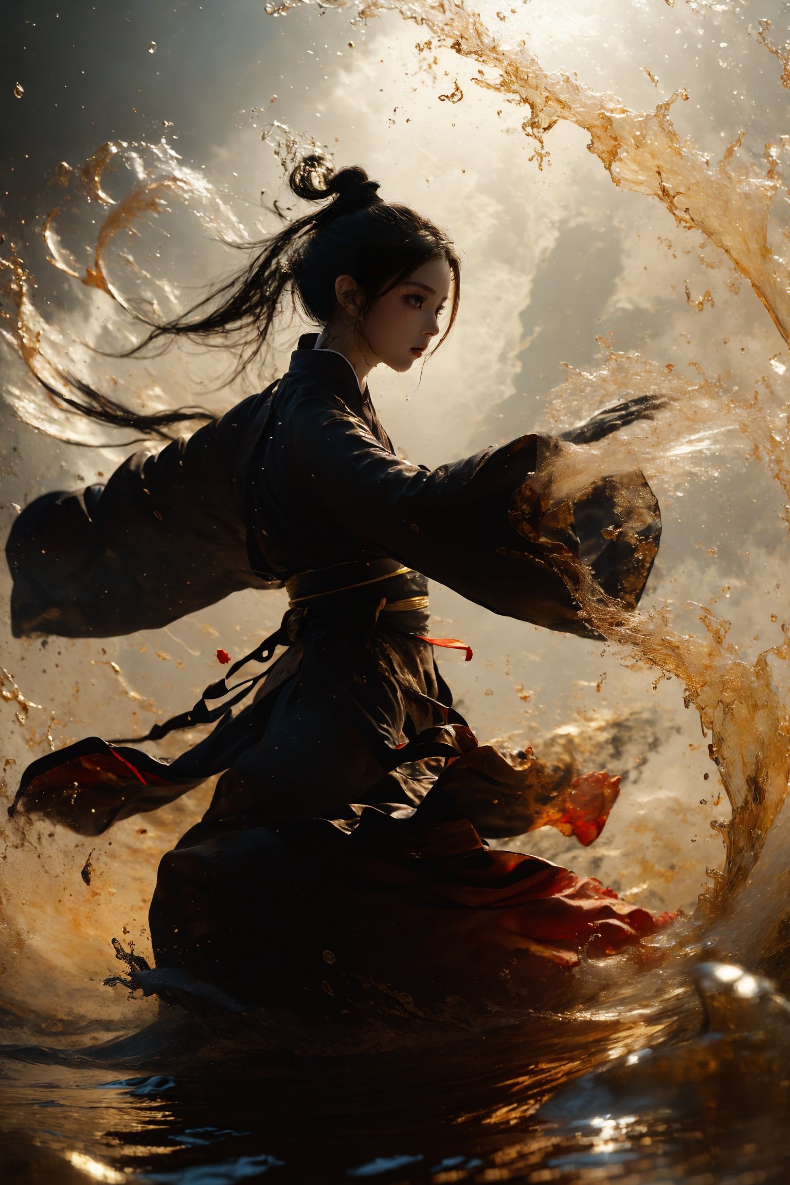 ultra high resolution, ((masterpiece))), (((best quality))), ((super detailed)),  ((extremely delicate and beautiful)),cinematic light, detailed environment，(real), motion blur, depth of field,1 girl,solo,black hair,High ponytail,(absurd long ponytail:1.3), (dark red and light gold hanfu:1.2), wide sleeves,wide sleeves, outstretched arms, fighting stance,(splashing:1.3),<lora:绪儿-武侠V3 xuer martial arts:0.8>