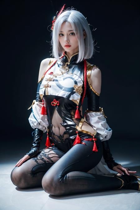 best quality, masterpiece, photorealistic, 1girl, solo, sitting, arms at side, full body, looking at viewer, closed mouth, hair between eyes, expressionless, shenhe cosplay costume, cosplay, white hair, black bodysuit, breast curtain, shoulder cutout, partially fingerless gloves, hip vent, tassel, toeless footwear, hair ornament, simple background, <lora:genshin_Shenhe_cosplay_v1:0.7>